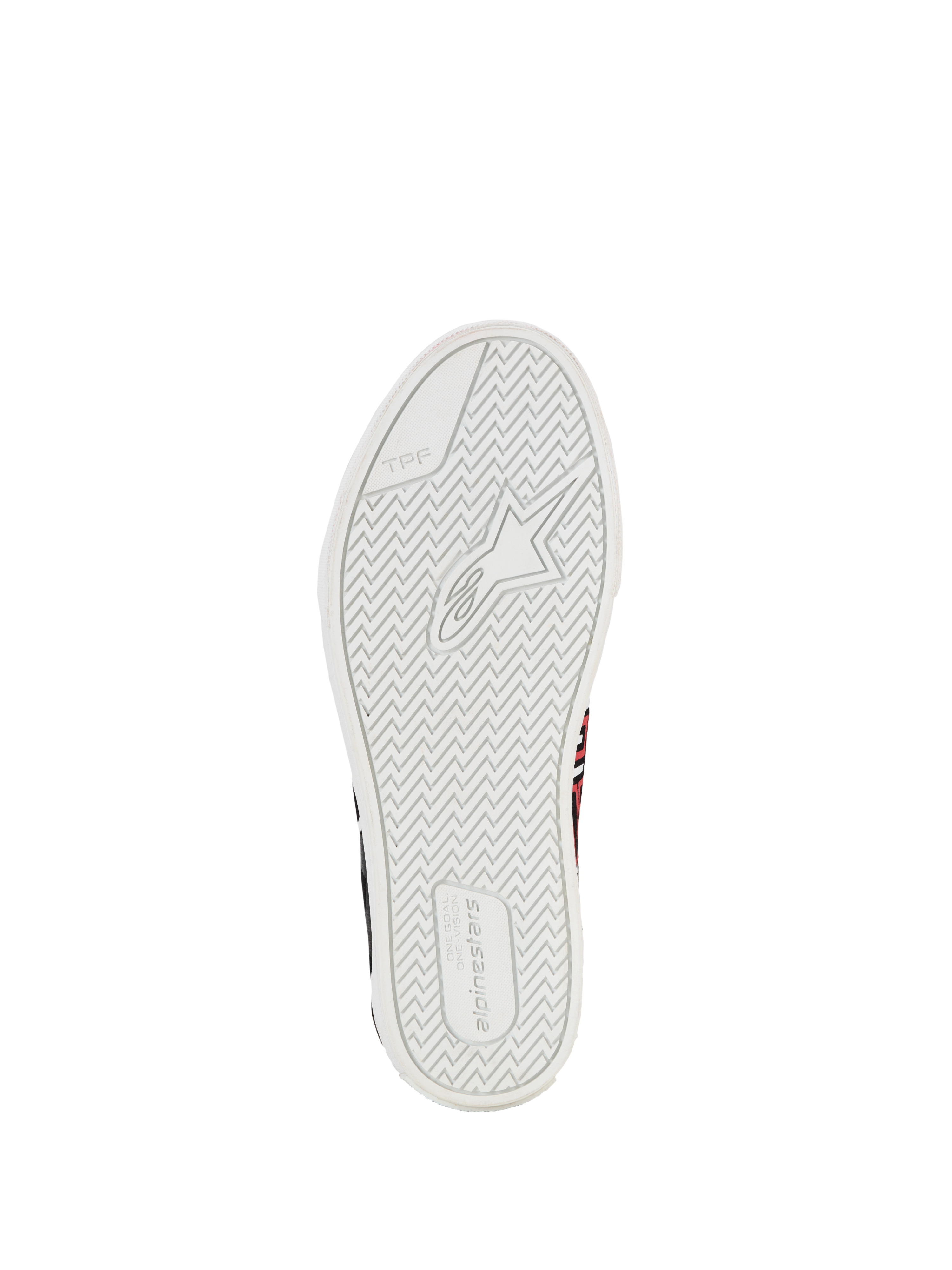 Alpinestars FQ20 Ride-63 Canvas Shoes, scarpe da moto urbane, vista della suola in gomma vulcanizzata bianca con battistrada a spina di pesce, logo Alpinestars e marcatura TPF, progettate per grip e comfort in sella e a piedi