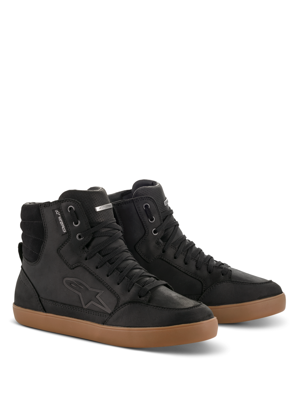 Alpinestars J-6 Waterproof Shoe, nero e gomma, scarpe da moto alte in pelle premium, design stile sneaker con suola in gomma color cuoio, etichetta impermeabile e logo impresso, look casual urbano