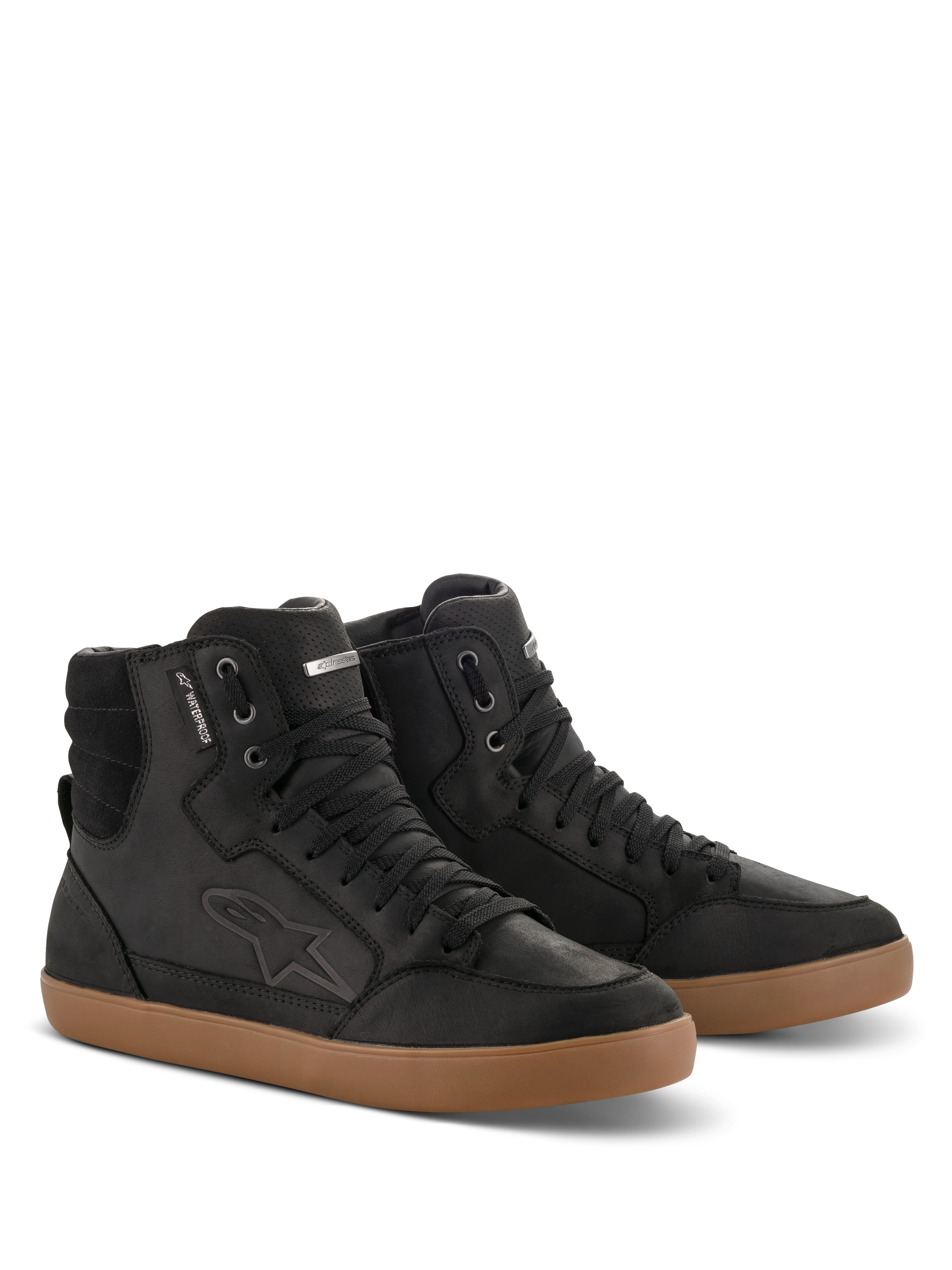 Alpinestars J-6 Waterproof Shoe, nero e gomma, scarpe da moto alte in pelle premium, design stile sneaker con suola in gomma color cuoio, etichetta impermeabile e logo impresso, look casual urbano