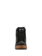 Alpinestars J-6 Waterproof Shoe, scarpa da moto, Black Gum, vista frontale con lacci neri e suola in gomma marrone, design stile sneaker per guida urbana su strada