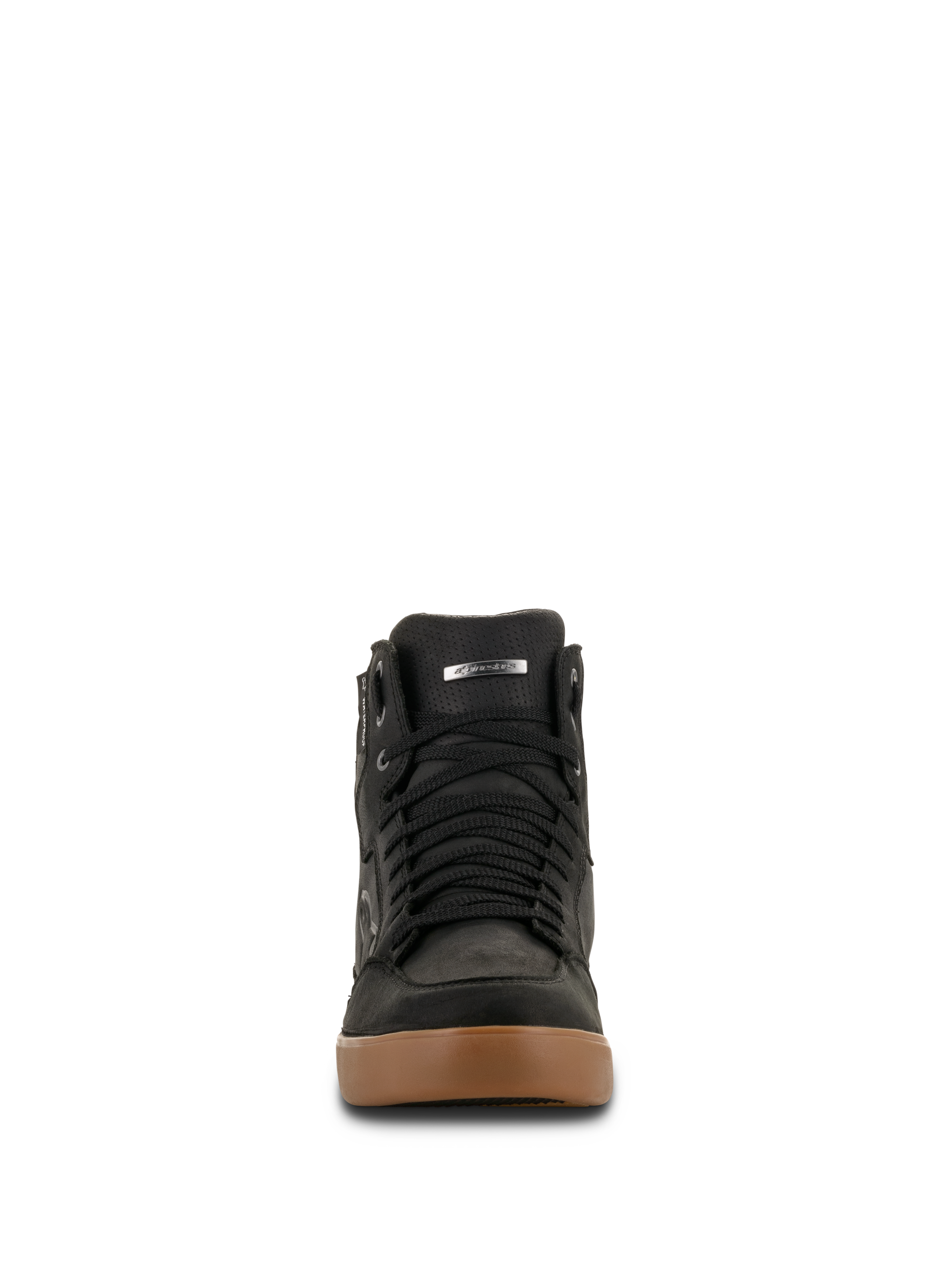 Alpinestars J-6 Waterproof Shoe, scarpa da moto, Black Gum, vista frontale con lacci neri e suola in gomma marrone, design stile sneaker per guida urbana su strada