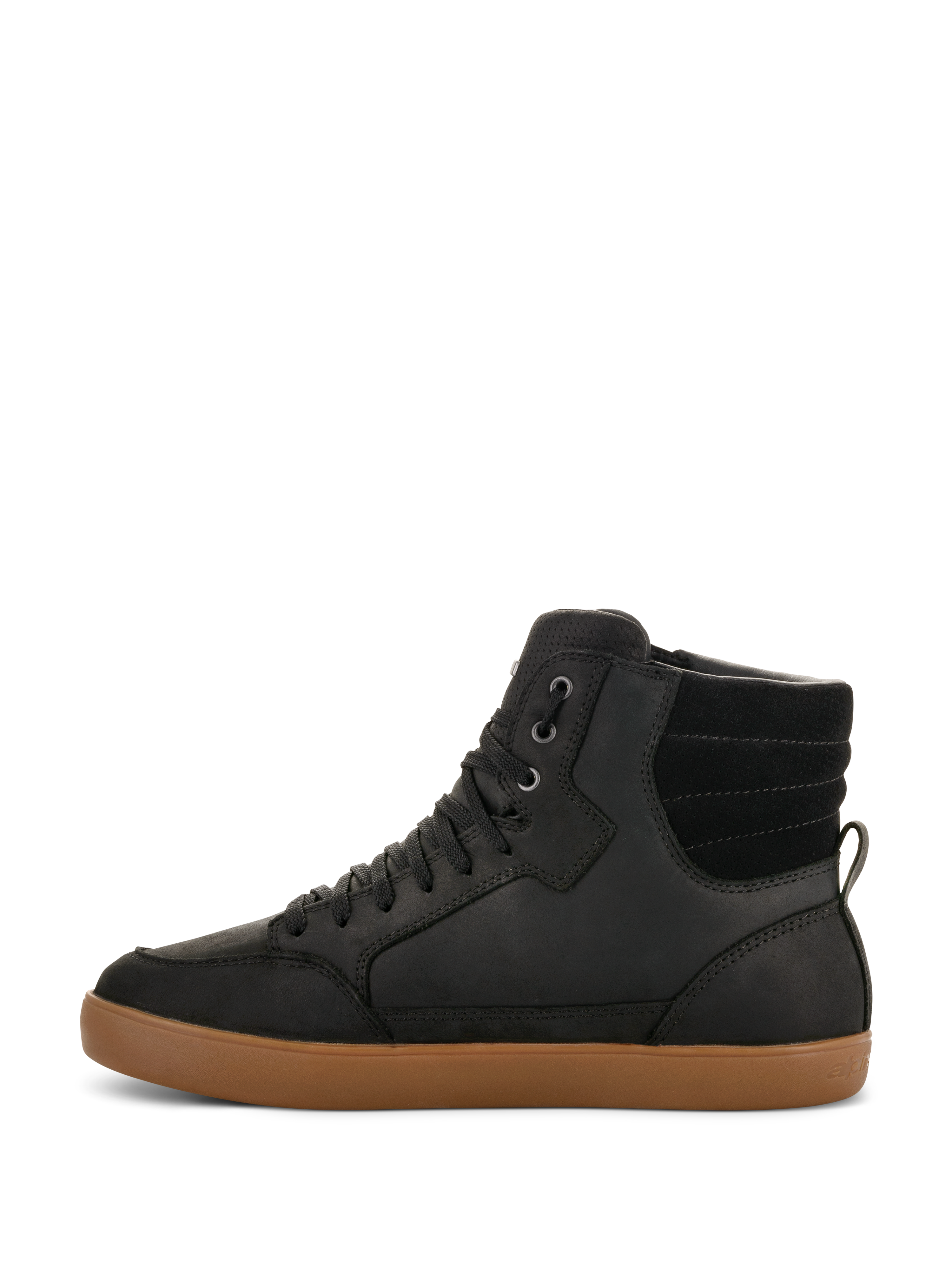 Alpinestars J-6 Waterproof Shoe, scarpa tecnica da moto, nero con suola in gomma marrone, vista laterale, design sneaker high-top, tomaia in pelle, calzatura da moto urban casual