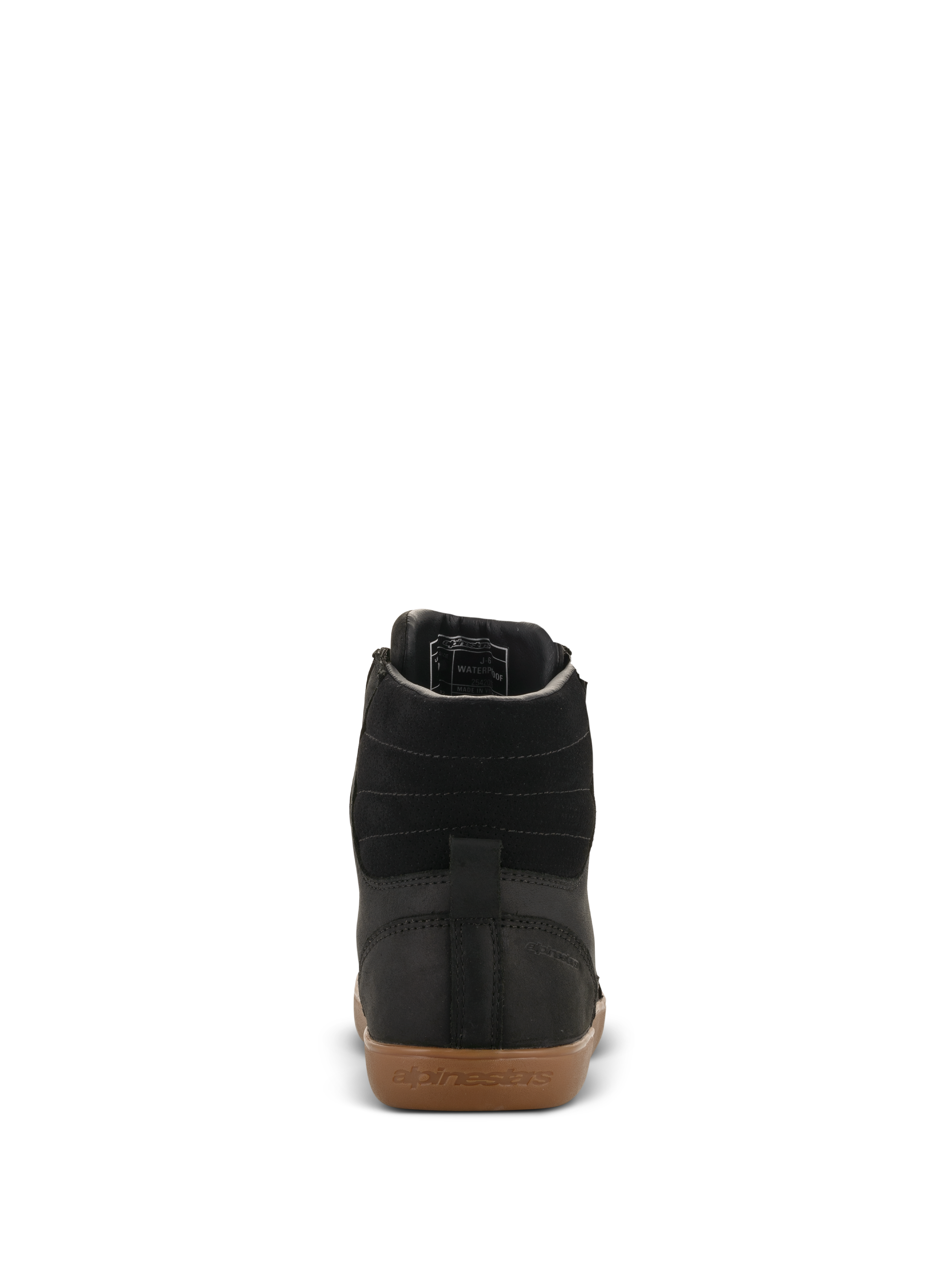 Alpinestars J-6 Waterproof Shoe, scarpa da moto, nero e gum, vista posteriore con tomaia in pelle nera di alta qualità, cuciture orizzontali sulla caviglia e suola in gomma con marchio Alpinestars in rilievo.