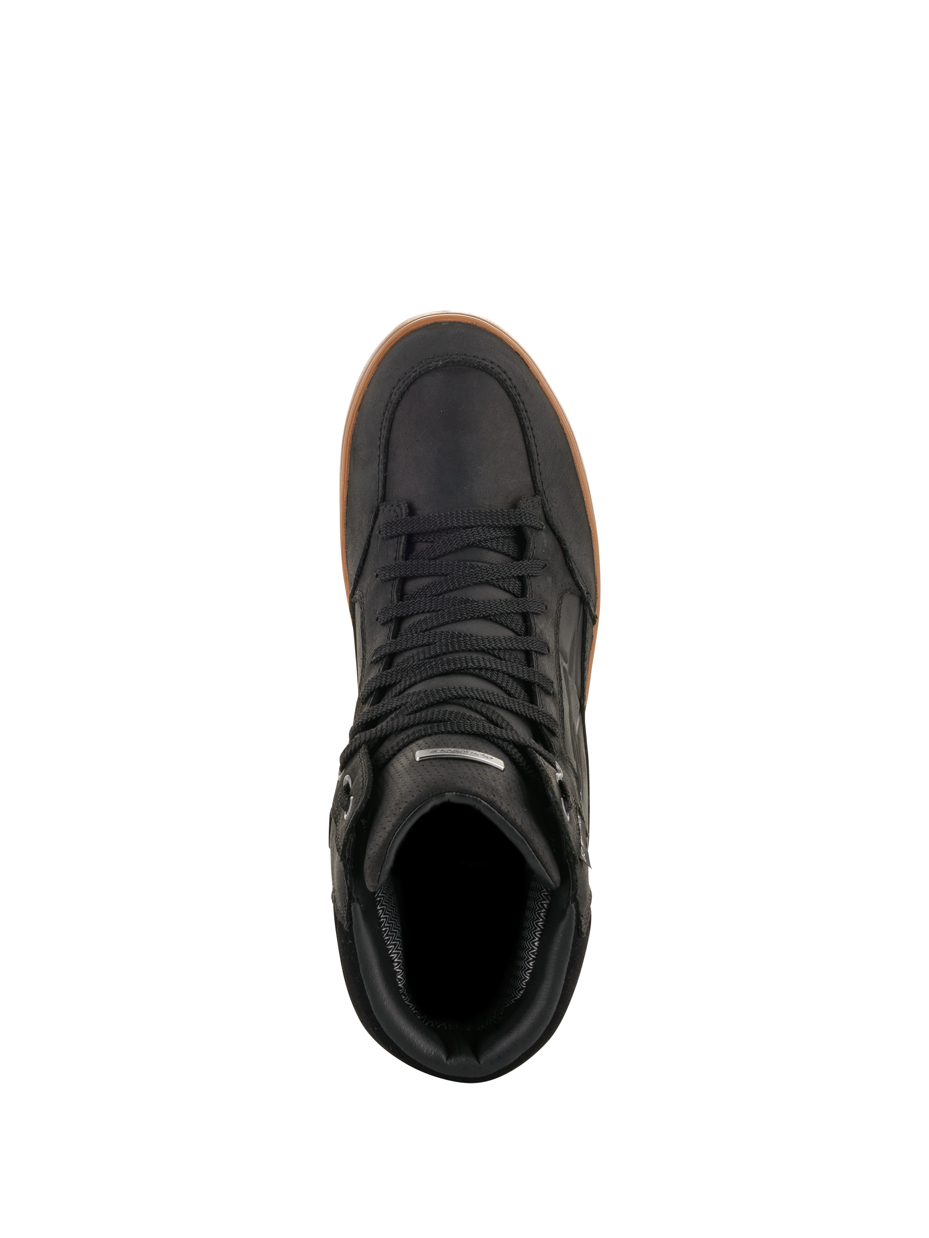 Alpinestars J-6 Waterproof Shoe, Black Gum, vista dall'alto, scarpa moto in pelle nera con suola in gomma color gomma, stile sneaker urban con lacci neri