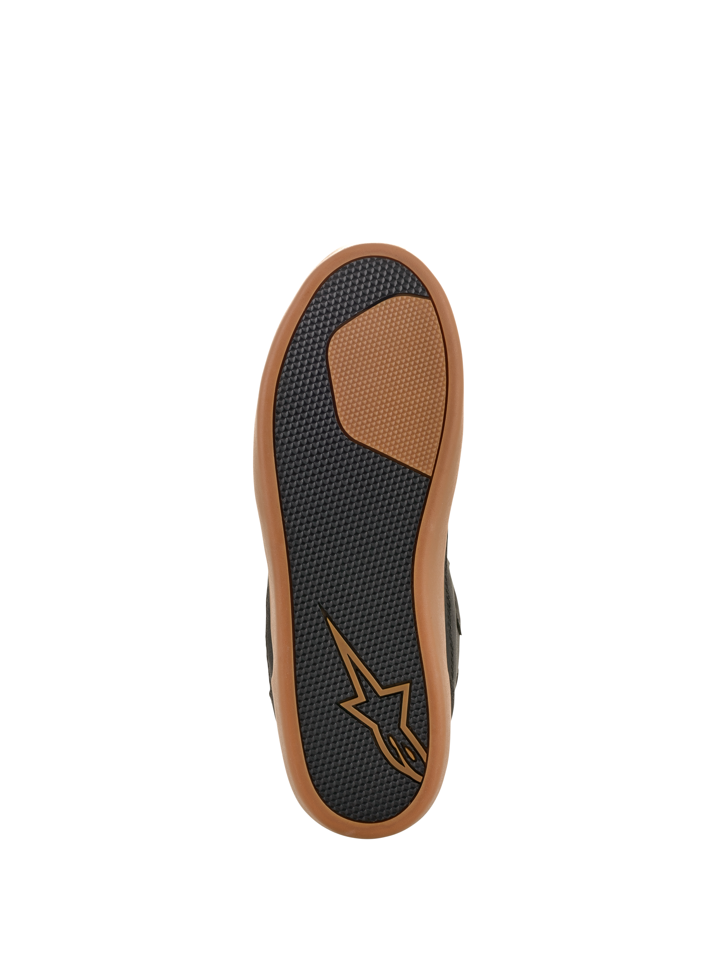 Scarpa Alpinestars J-6 Waterproof, vista della suola, Nero e Gum, battistrada in gomma testurizzata per aderenza e durata, con logo Astars marrone chiaro e bordo esterno color gomma, calzatura da moto in stile sneaker