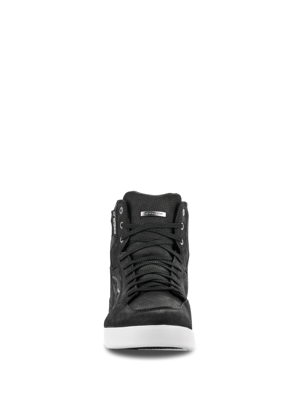 Scarpa Alpinestars J-6 Waterproof, vista frontale, scarpa da moto in pelle nera con suola bianca, design stile sneaker con lacci neri, dotata di etichetta waterproof e dettaglio logo argento, calzatura da moto urbana