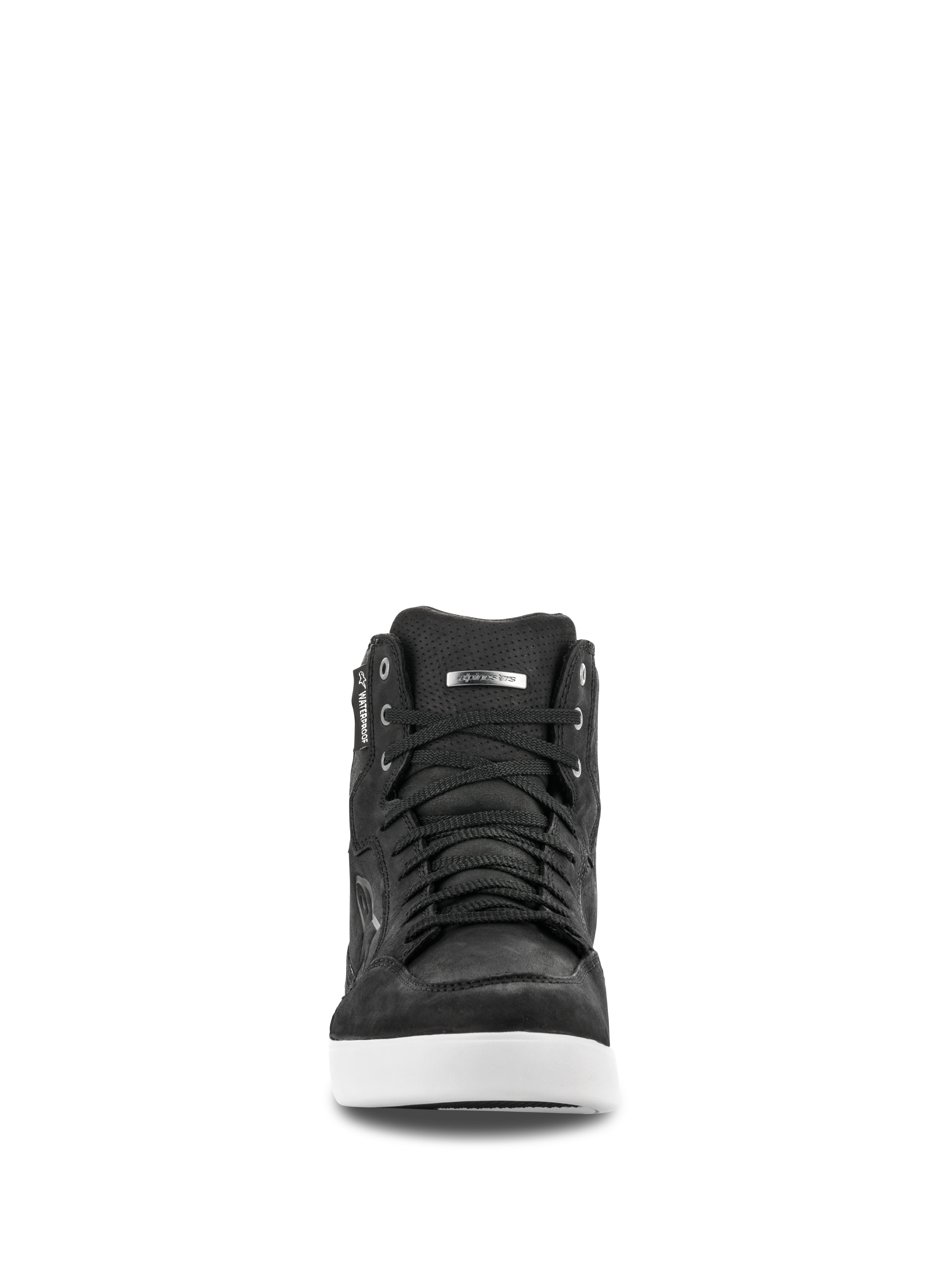 Scarpa Alpinestars J-6 Waterproof, vista frontale, scarpa da moto in pelle nera con suola bianca, design stile sneaker con lacci neri, dotata di etichetta waterproof e dettaglio logo argento, calzatura da moto urbana