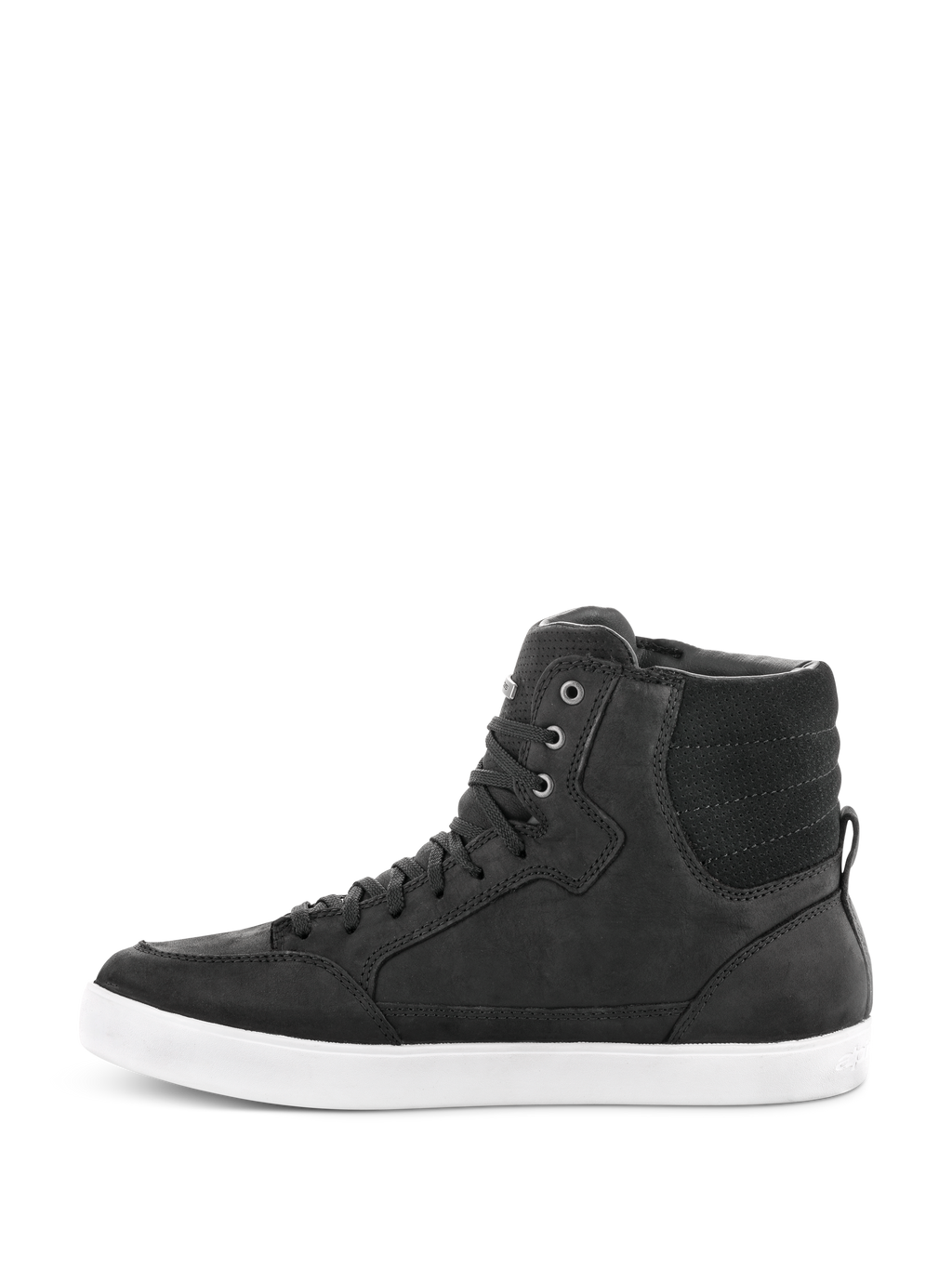Alpinestars J-6 Waterproof Shoe, nero e bianco, profilo laterale di sneaker da guida alta, struttura in pelle nera con suola in gomma bianca, calzatura da moto urbana con design stringato.