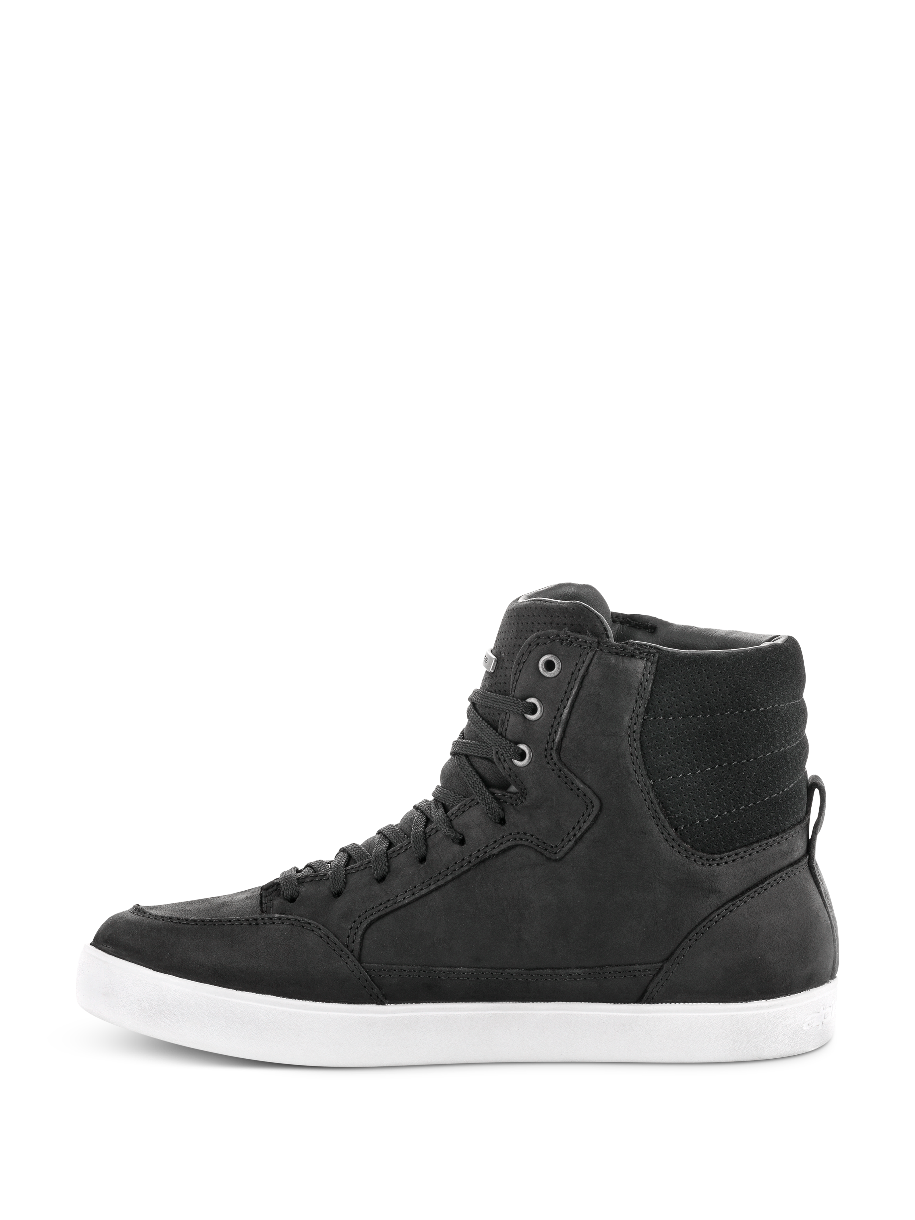 Alpinestars J-6 Waterproof Shoe, nero e bianco, profilo laterale di sneaker da guida alta, struttura in pelle nera con suola in gomma bianca, calzatura da moto urbana con design stringato.