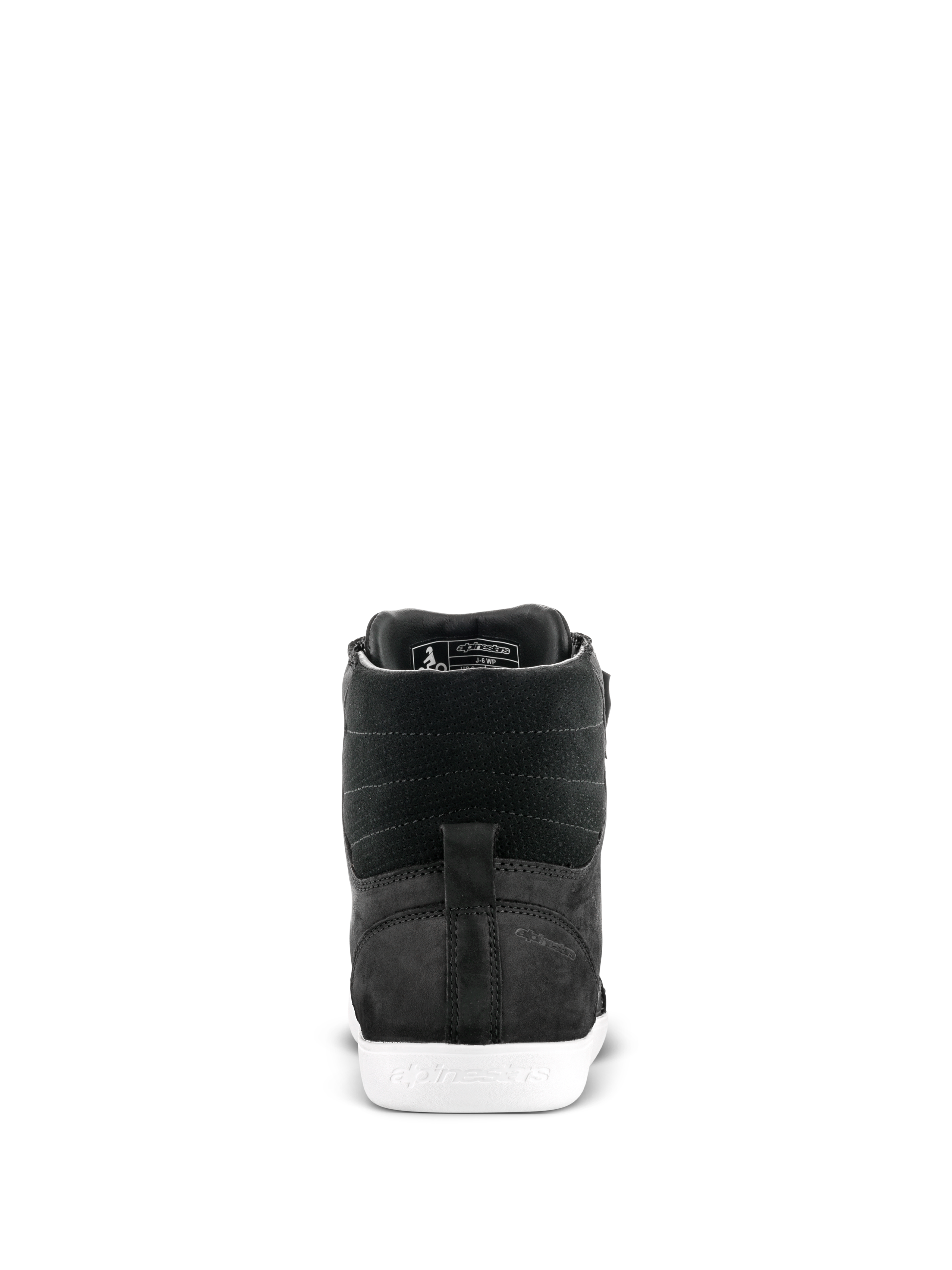 Alpinestars J-6 Waterproof Shoe, scarpa da moto, nero e bianco, vista posteriore che mostra il tallone e la tomaia in pelle testurizzata con suola in gomma bianca