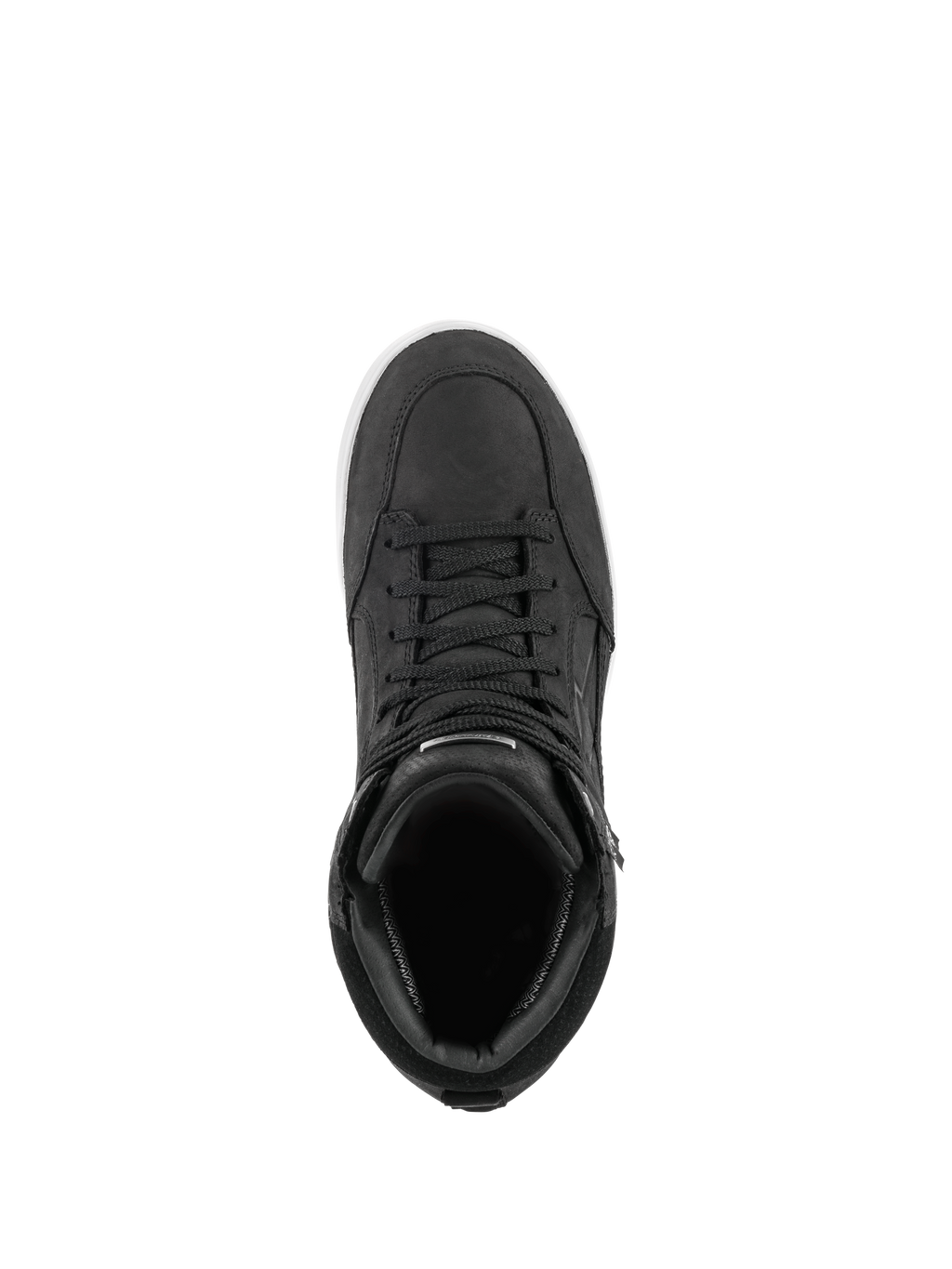Scarpa Alpinestars J-6 Waterproof, Nero e Bianco, vista dall'alto di scarpa da moto stile sneaker, struttura in pelle nera premium con lacci coordinati e dettaglio della suola bianca, calzatura per guida urbana