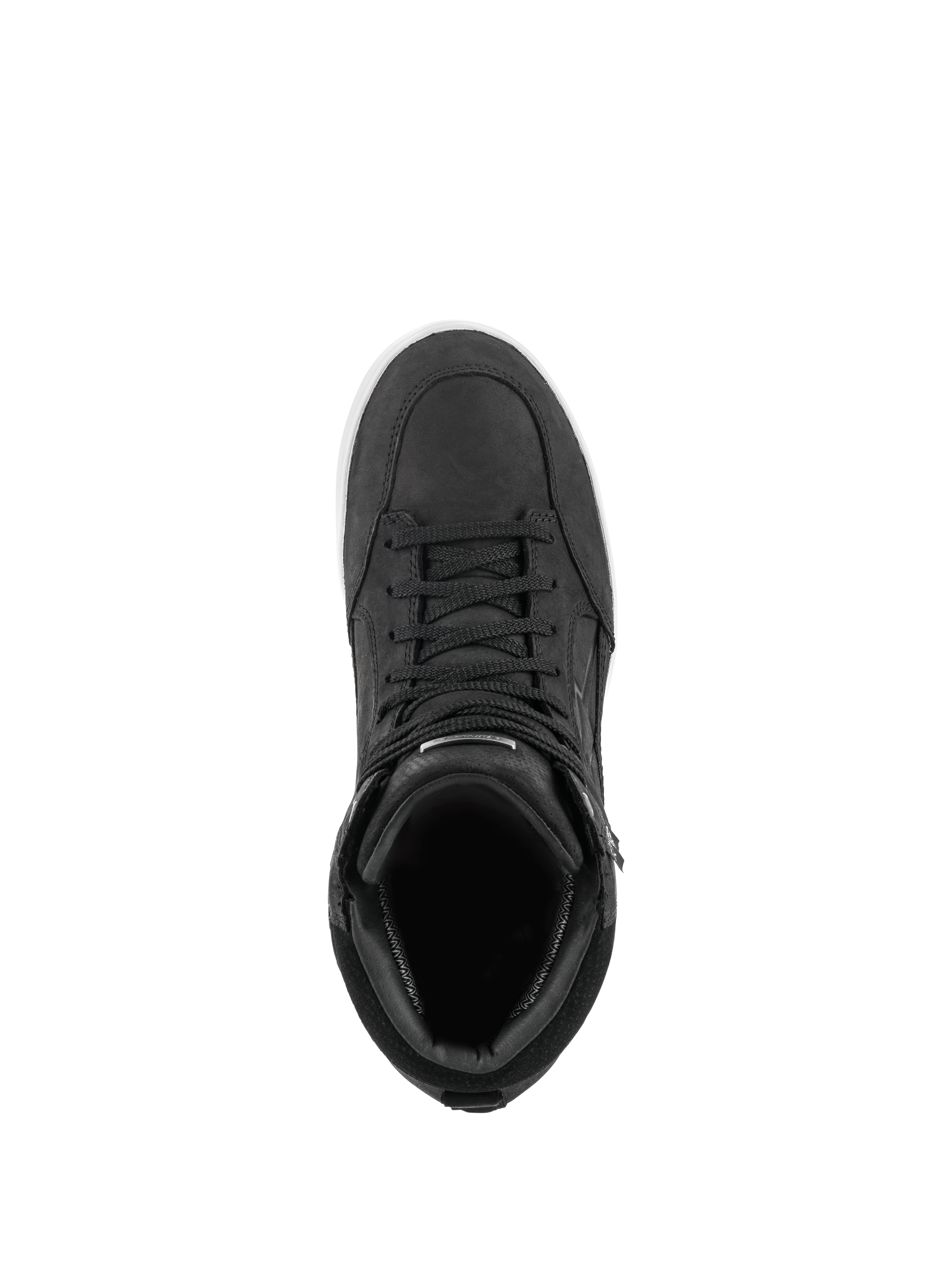 Scarpa Alpinestars J-6 Waterproof, Nero e Bianco, vista dall'alto di scarpa da moto stile sneaker, struttura in pelle nera premium con lacci coordinati e dettaglio della suola bianca, calzatura per guida urbana