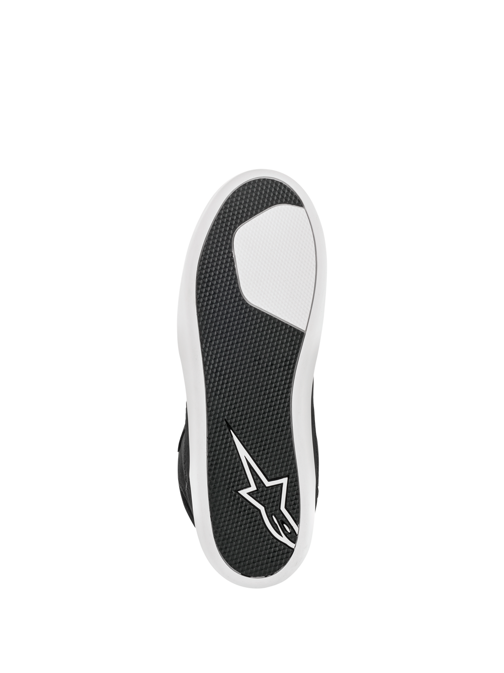 Alpinestars Scarpa J-6 Waterproof, Nero e Bianco, vista dal basso della suola in gomma avanzata, trama testurizzata per il grip e la resistenza, logo a stella bianco sul tallone, calzatura da moto urbana