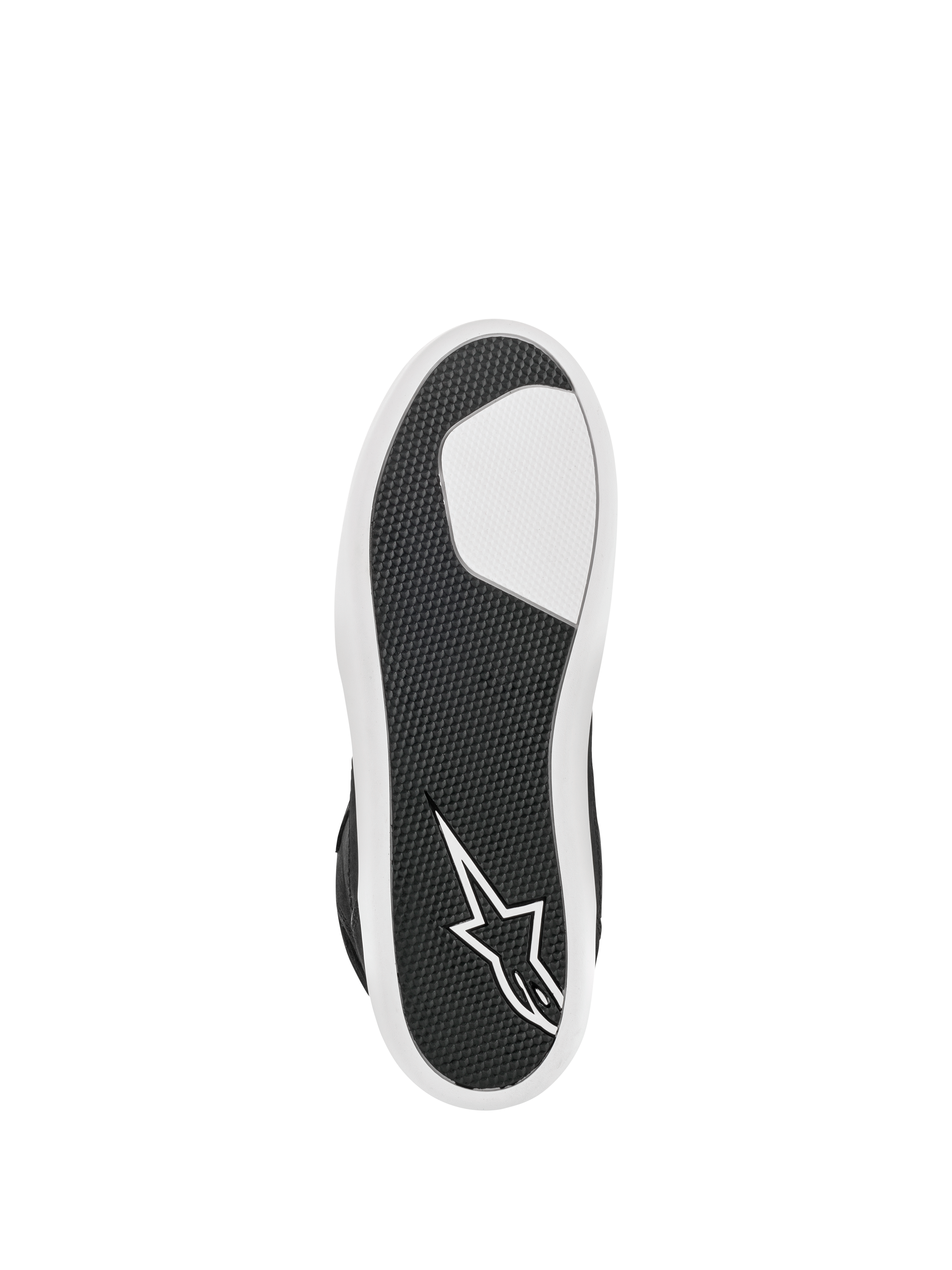 Alpinestars Scarpa J-6 Waterproof, Nero e Bianco, vista dal basso della suola in gomma avanzata, trama testurizzata per il grip e la resistenza, logo a stella bianco sul tallone, calzatura da moto urbana