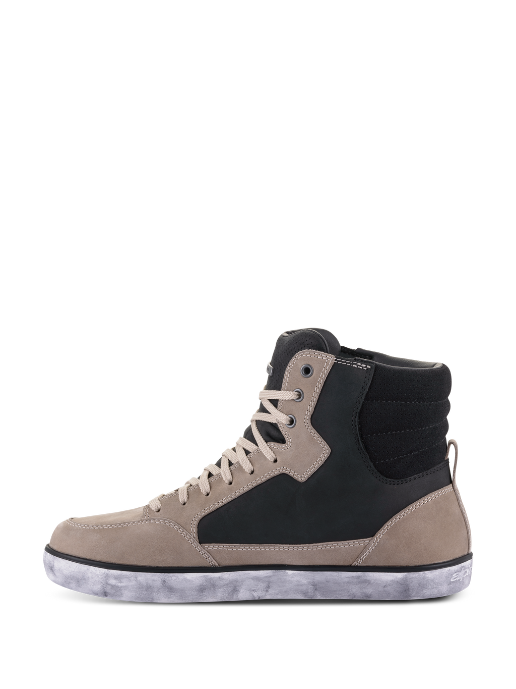 Alpinestars J-6 Waterproof Shoe, scarpa da moto, Nero Flint Bianco, stile sneaker alta con pannelli in pelle grigio flint e nero, lacci crema e suola in gomma bianca screziata, design urbano casual per il motociclismo