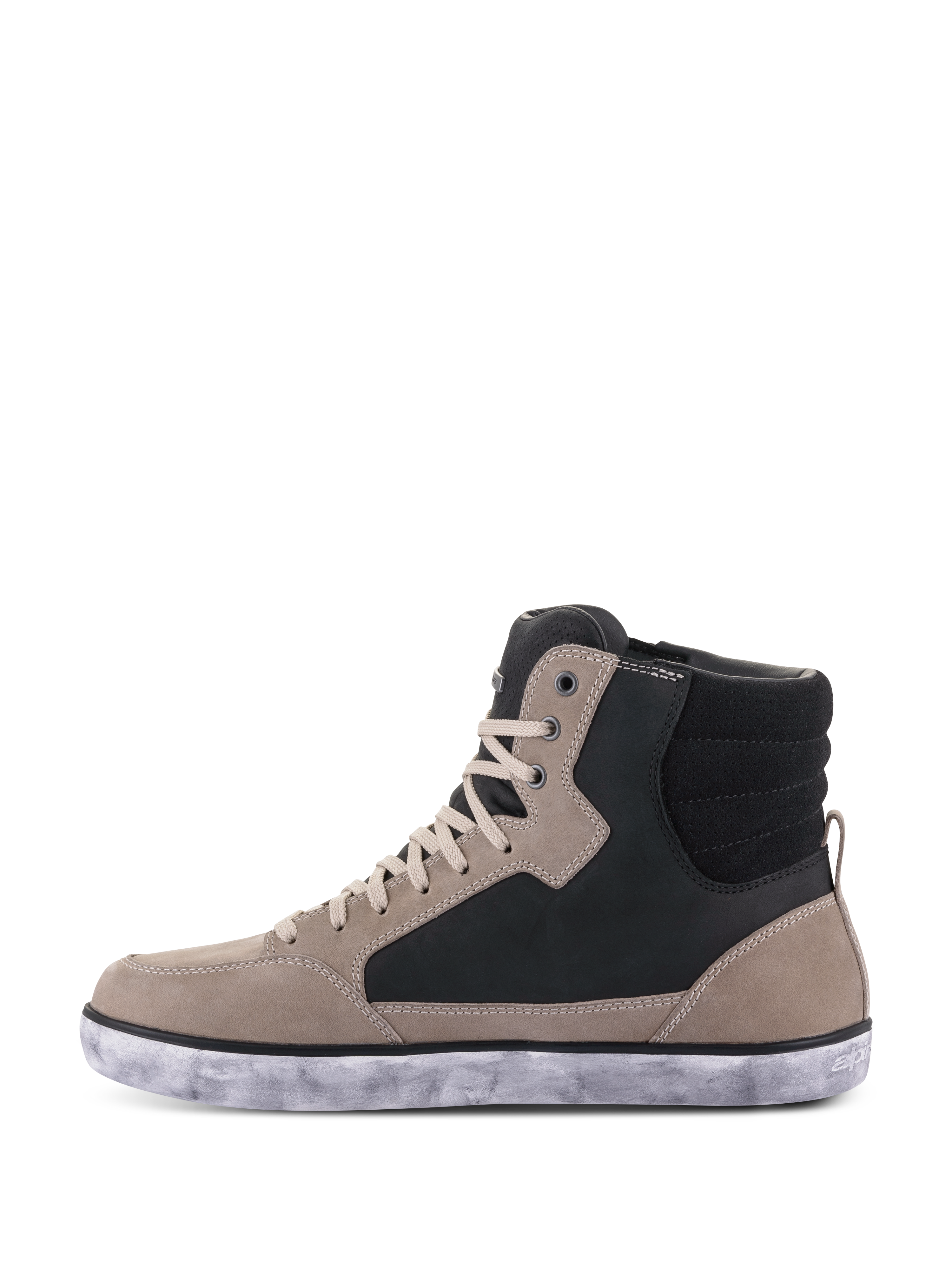 Alpinestars J-6 Waterproof Shoe, scarpa da moto, Nero Flint Bianco, stile sneaker alta con pannelli in pelle grigio flint e nero, lacci crema e suola in gomma bianca screziata, design urbano casual per il motociclismo