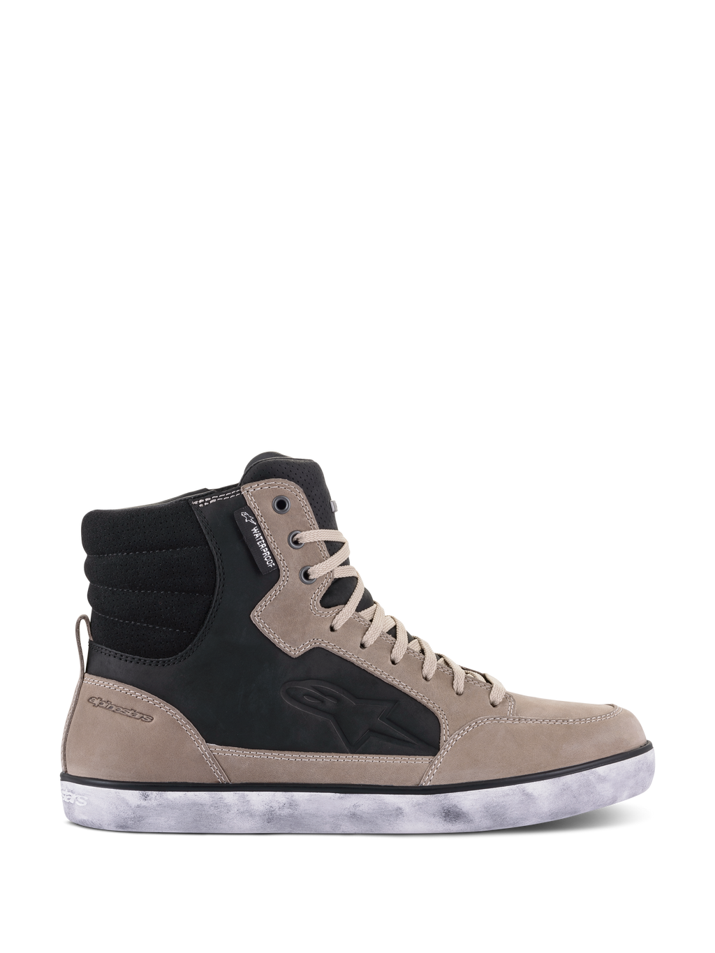 Alpinestars J-6 Waterproof Shoe, scarpa da moto, Nero Flint Bianco, design a scarpa alta stile sneaker in pelle con suola in gomma bianca effetto invecchiato, con logo Astar laterale ed etichetta waterproof