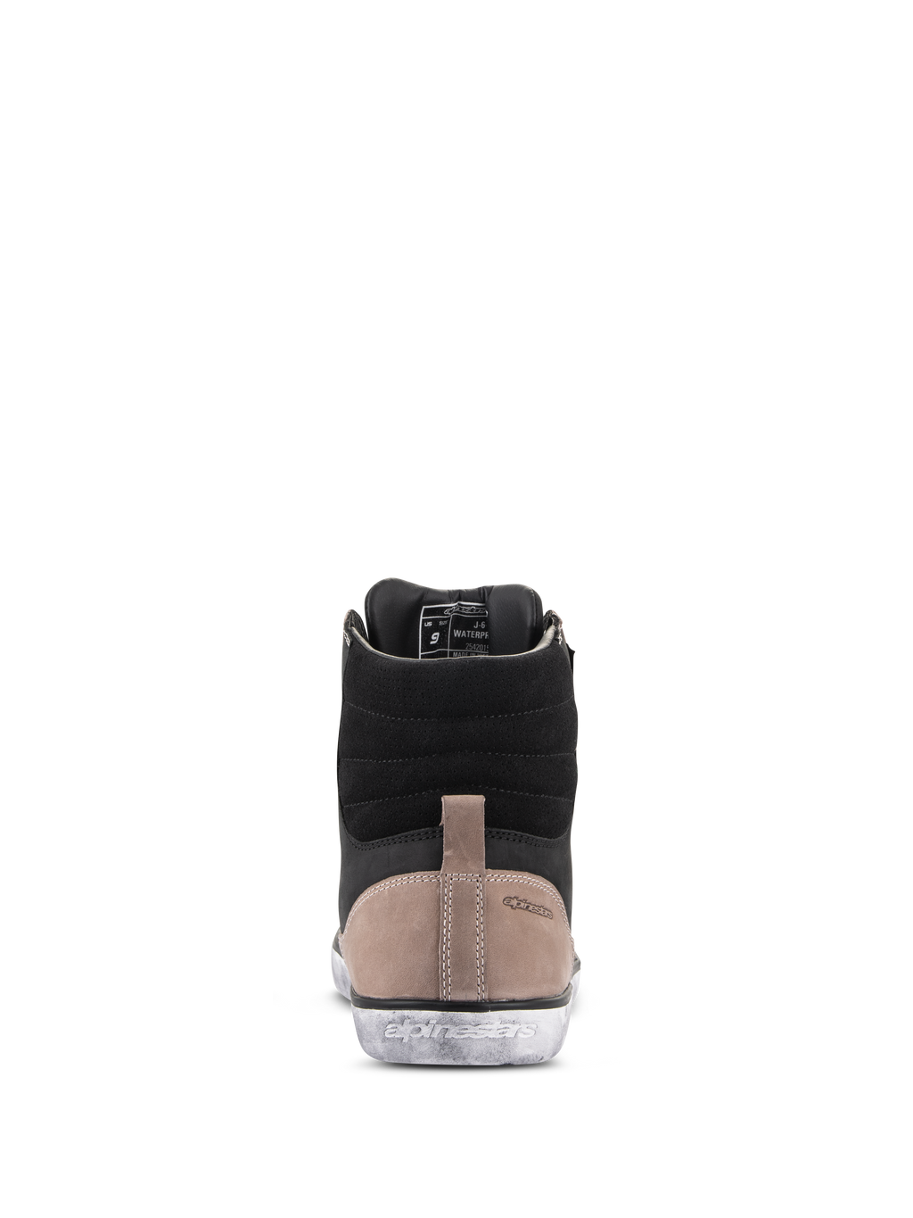 Alpinestars J-6 Waterproof Shoe, scarpa da moto, Nero Flint Bianco, vista posteriore che mostra la tomaia in pelle nera, pannello sul tallone marrone chiaro con logo in rilievo e suola in gomma bianca effetto invecchiato con marchio Alpinestars