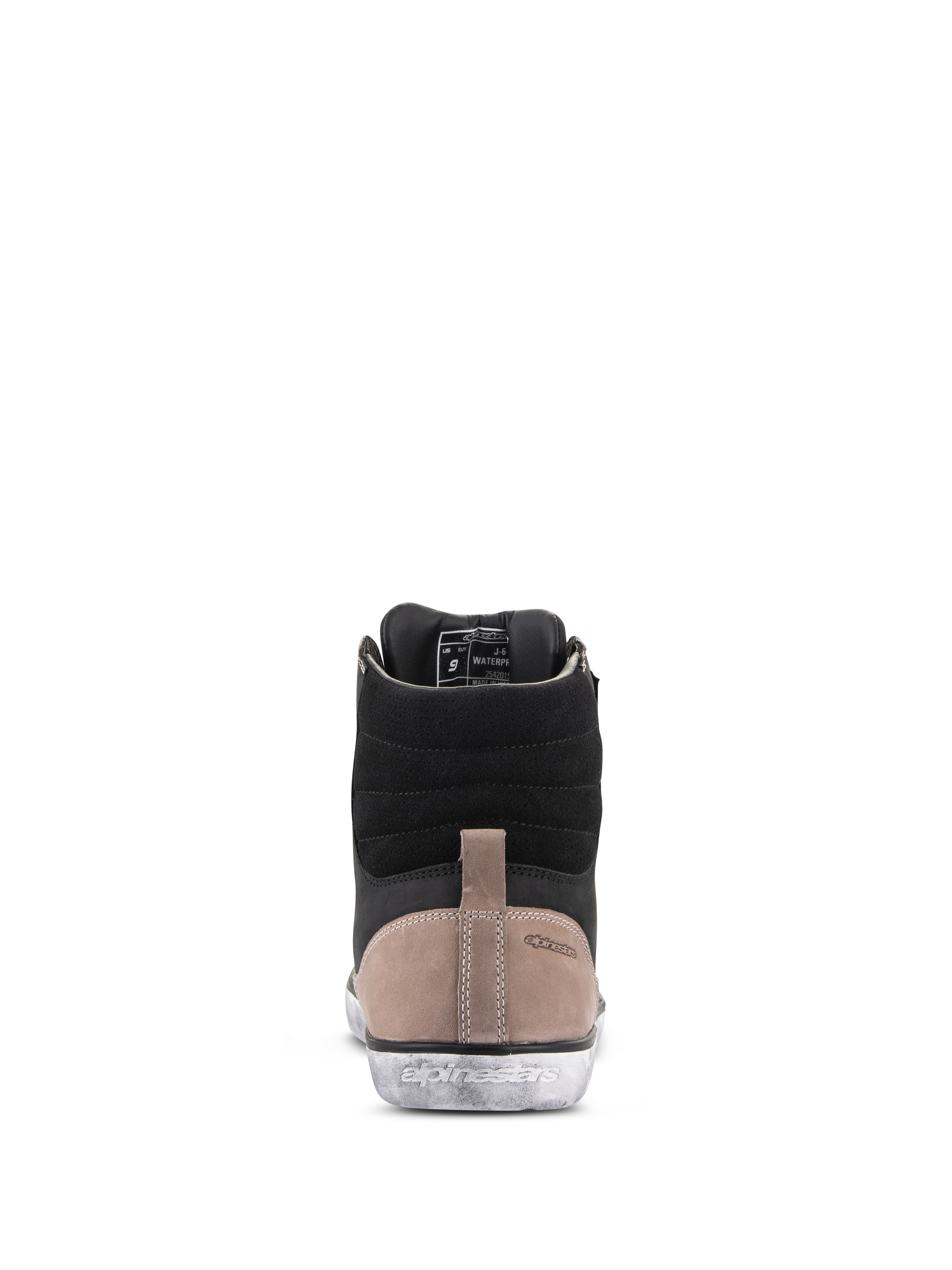 Alpinestars J-6 Waterproof Shoe, scarpa da moto, Nero Flint Bianco, vista posteriore che mostra la tomaia in pelle nera, pannello sul tallone marrone chiaro con logo in rilievo e suola in gomma bianca effetto invecchiato con marchio Alpinestars