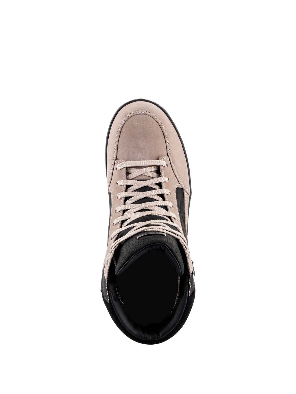 Scarpa Alpinestars J-6 Waterproof, scarpa da moto urbana, Black Flint White, vista dall'alto che mostra la tomaia in pelle scamosciata, lacci bianchi e colletto imbottito nero, design casual ispirato alle sneaker per il commuting in moto