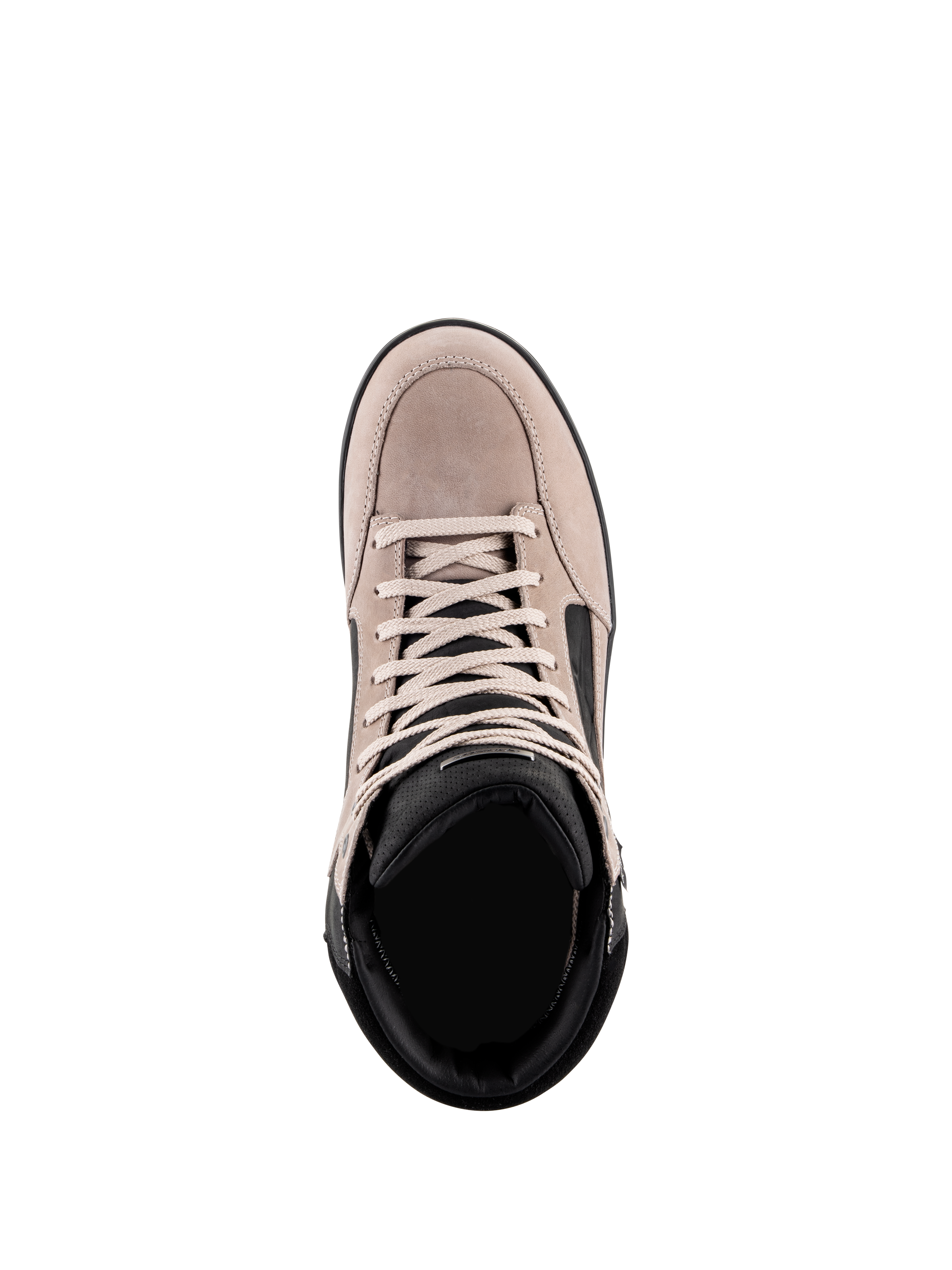Scarpa Alpinestars J-6 Waterproof, scarpa da moto urbana, Black Flint White, vista dall'alto che mostra la tomaia in pelle scamosciata, lacci bianchi e colletto imbottito nero, design casual ispirato alle sneaker per il commuting in moto