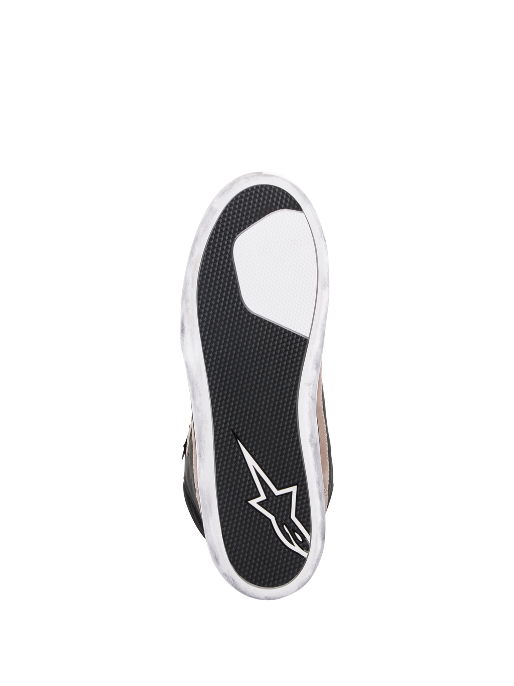 Alpinestars J-6 Waterproof Shoe, scarpa da moto, Nero Flint Bianco, vista inferiore della suola in gomma nera testurizzata per il grip, logo a stella Alpinestars bianco sul tallone e bordi bianchi con effetto invecchiato