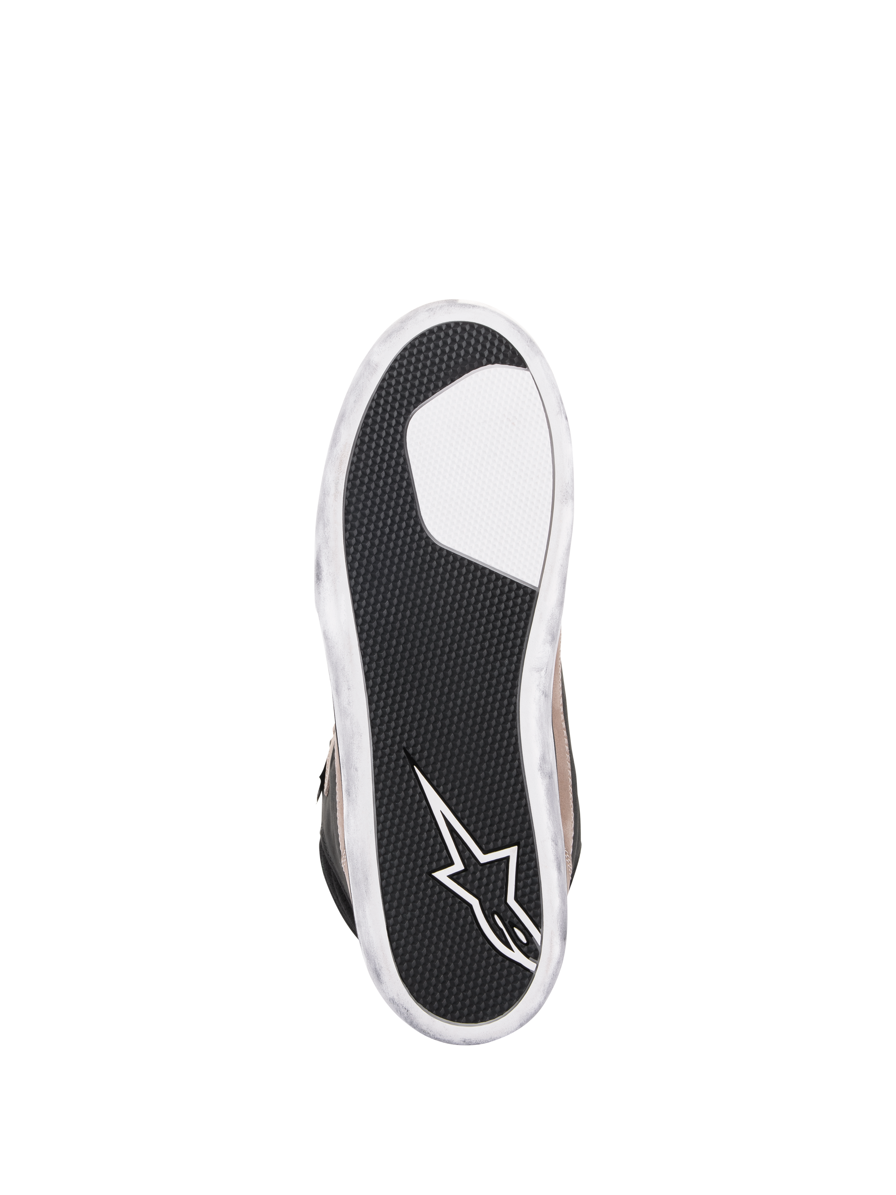 Alpinestars J-6 Waterproof Shoe, scarpa da moto, Nero Flint Bianco, vista inferiore della suola in gomma nera testurizzata per il grip, logo a stella Alpinestars bianco sul tallone e bordi bianchi con effetto invecchiato