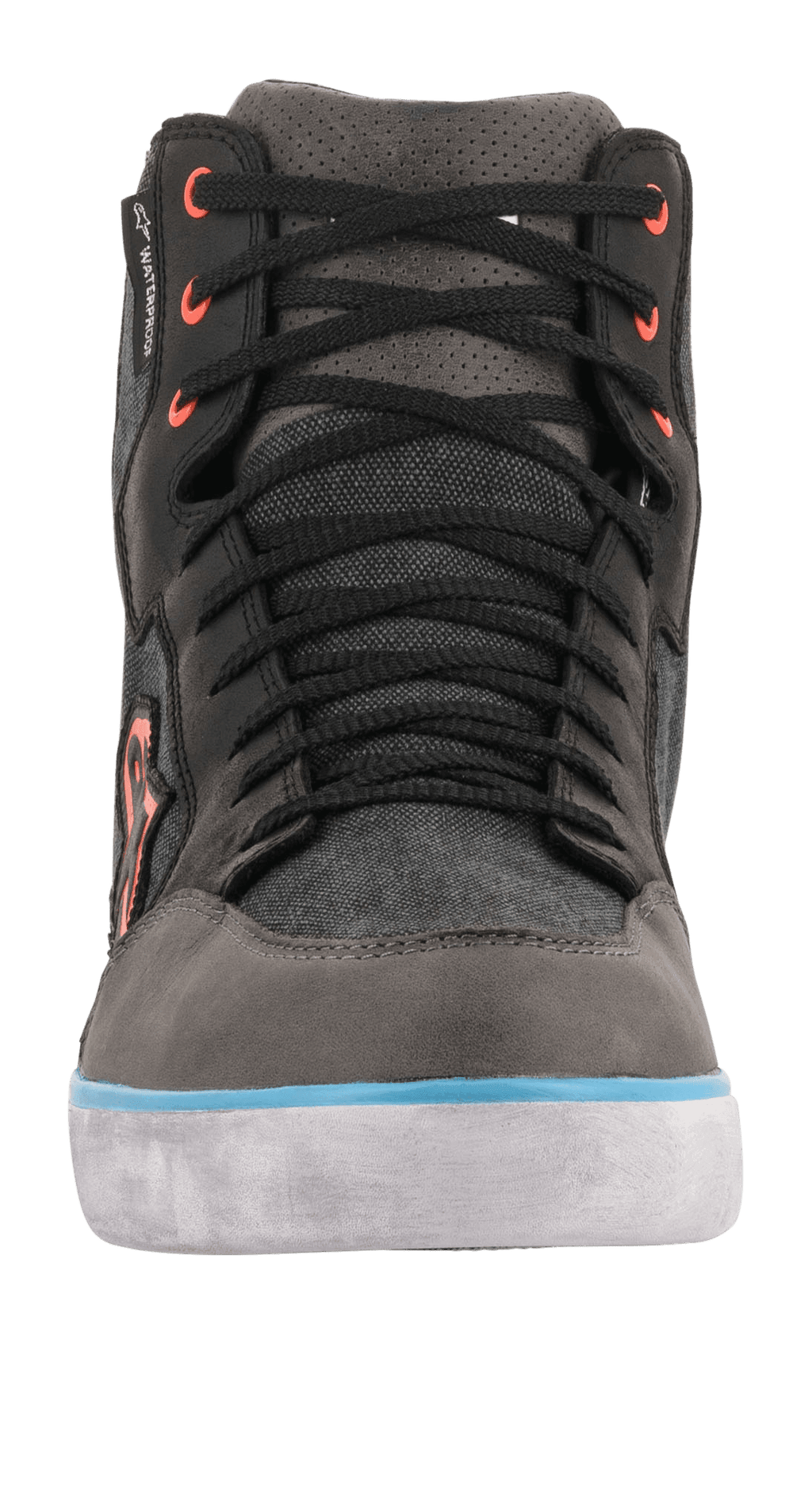 Scarpa da moto Alpinestars J-6 Waterproof Canvas, vista frontale, nero e antracite con dettaglio della suola azzurro e occhielli arancioni, stivaletto da moto stile sneaker con membrana impermeabile