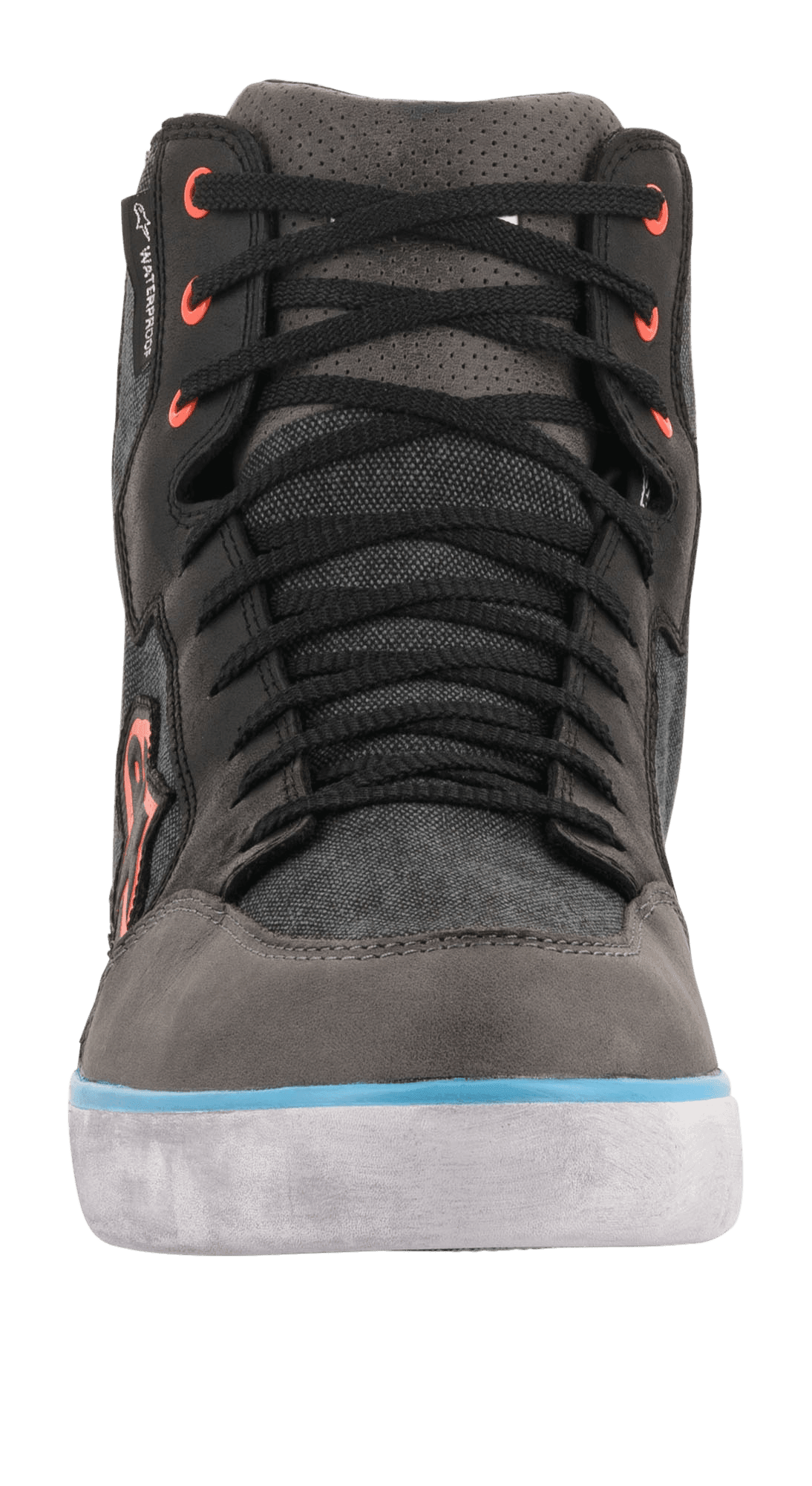 Scarpa da moto Alpinestars J-6 Waterproof Canvas, vista frontale, nero e antracite con dettaglio della suola azzurro e occhielli arancioni, stivaletto da moto stile sneaker con membrana impermeabile