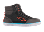 Alpinestars J-6 Waterproof Canvas Riding Shoe, Nero Antracite e Azzurro, silhouette sneaker high-top con logo Astars arancione, occhielli arancioni e striscia azzurra su suola in gomma bianca, calzatura da moto urban casual.