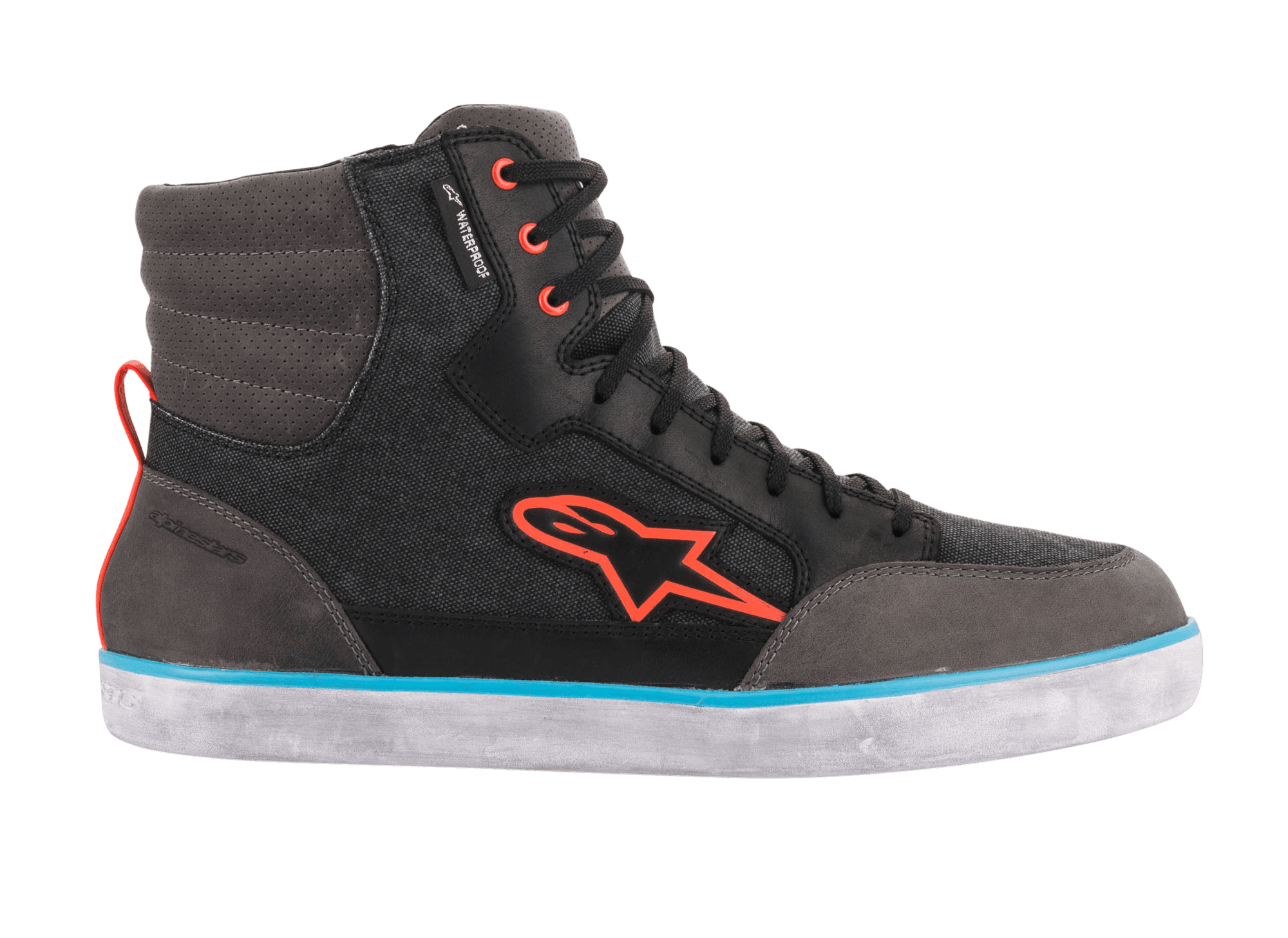 Alpinestars J-6 Waterproof Canvas Riding Shoe, Nero Antracite e Azzurro, silhouette sneaker high-top con logo Astars arancione, occhielli arancioni e striscia azzurra su suola in gomma bianca, calzatura da moto urban casual.