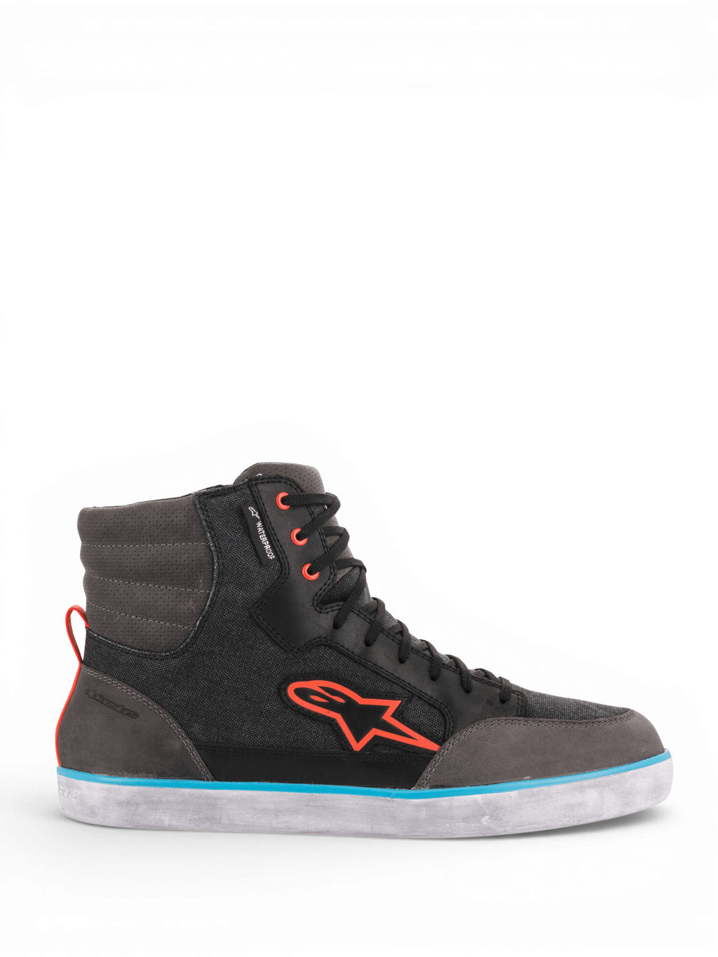 Alpinestars Scarpe J-6 Impermeabile Canvas, scarpe da moto urban da uomo, grigie e nere con dettagli arancione e azzurri, impermeabili, in pelle e tela.