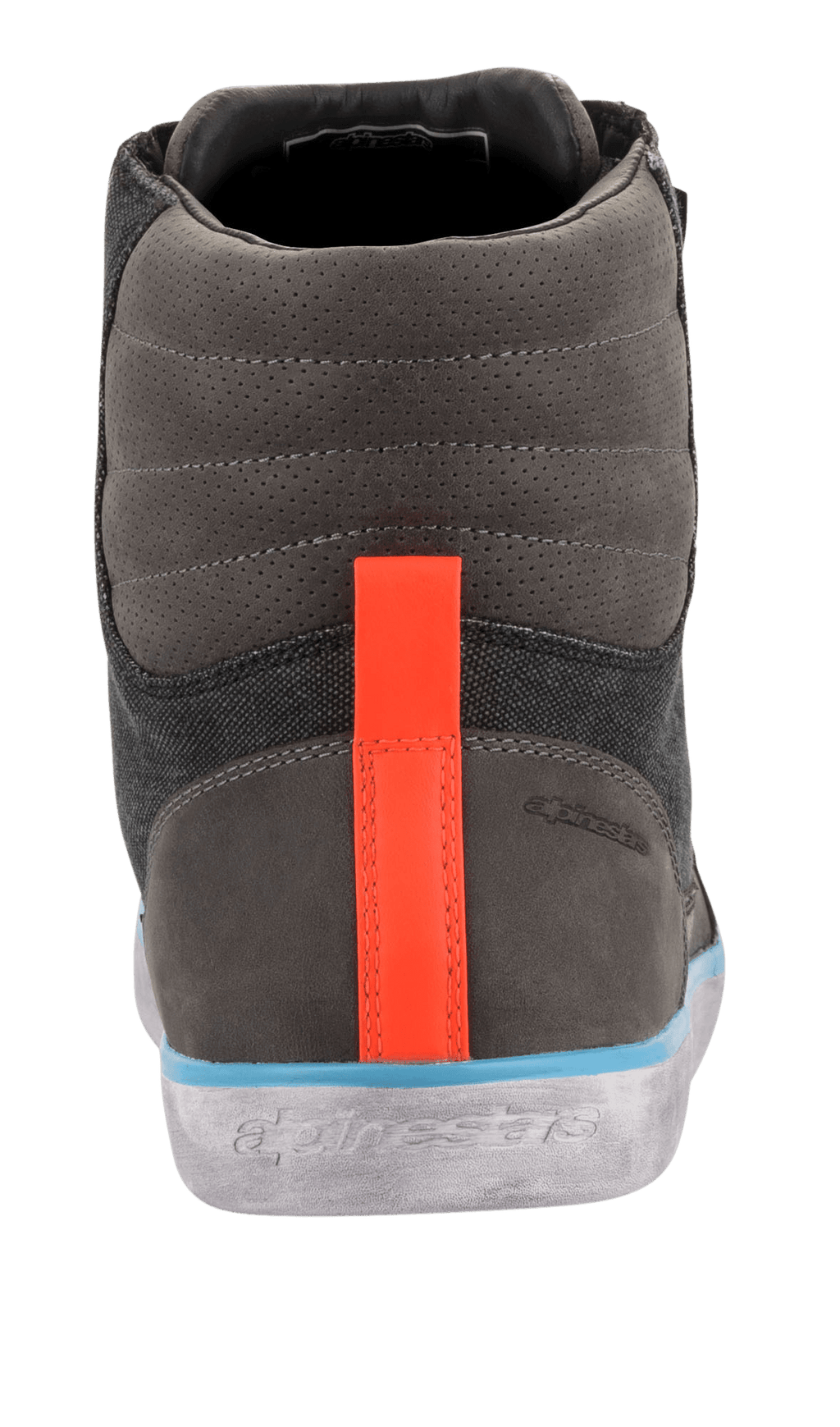 Alpinestars J-6 Waterproof Canvas Riding Shoe, vista posteriore, tomaia grigia e antracite con striscia arancione vivace sul tallone, bordo azzurro sopra una suola grigia effetto invecchiato, scarpa da moto in stile sneaker urbana con marchio impresso