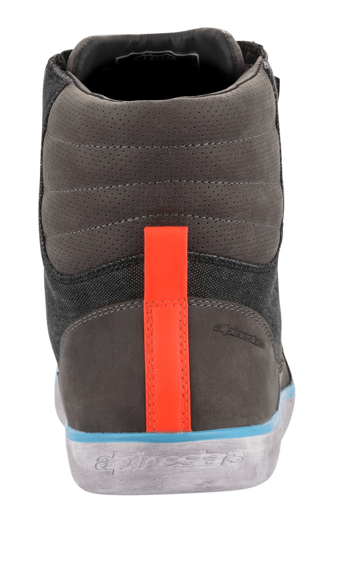 Alpinestars J-6 Waterproof Canvas Riding Shoe, vista posteriore, tomaia grigia e antracite con striscia arancione vivace sul tallone, bordo azzurro sopra una suola grigia effetto invecchiato, scarpa da moto in stile sneaker urbana con marchio impresso