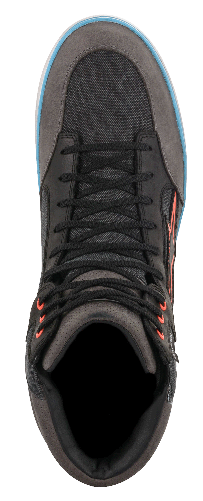 Alpinestars J-6 Waterproof Canvas Riding Shoe, Nero e Antracite, vista dall'alto che mostra pannelli in tela testurizzata e pelle, lacci neri con occhielli arancioni, dettaglio della suola azzurro, calzatura da moto in stile sneaker casual