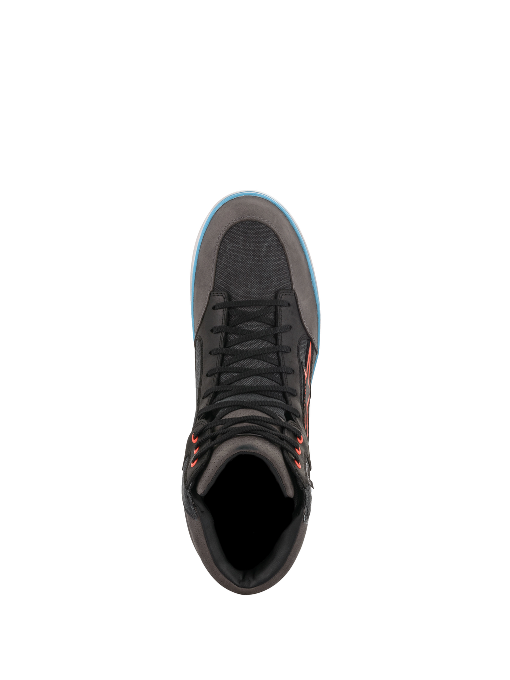 Alpinestars scarpe J-6 impermeabili in canvas, scarpe da moto urban da uomo, grigio e nero con dettagli azzurri, vista dall'alto, sneaker protettiva.
