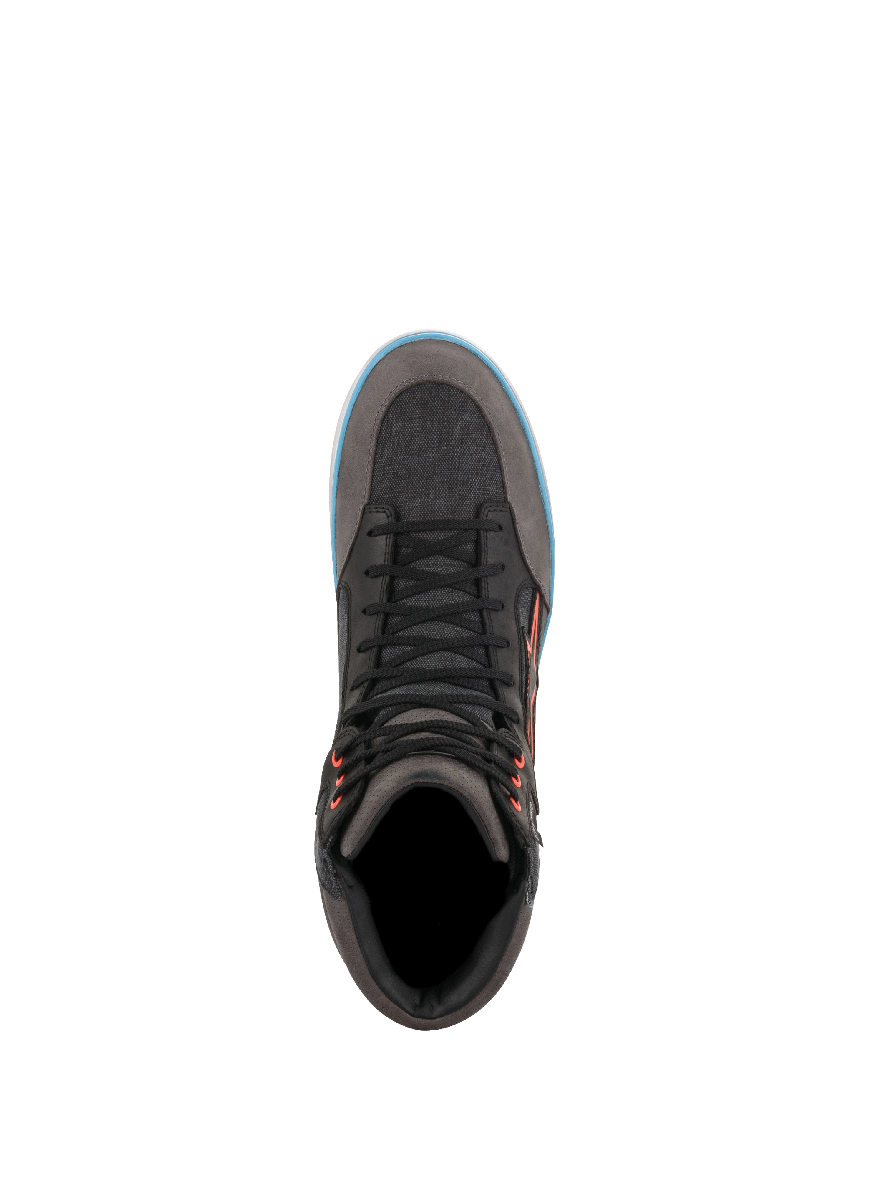 Alpinestars scarpe J-6 impermeabili in canvas, scarpe da moto urban da uomo, grigio e nero con dettagli azzurri, vista dall'alto, sneaker protettiva.