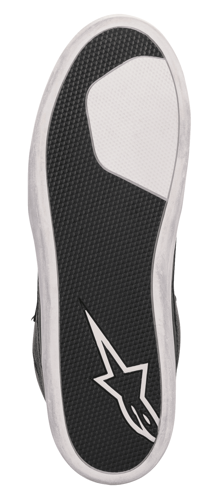Alpinestars J-6 Waterproof Canvas Riding Shoe, vista della suola, gomma nera testurizzata con sezione bianca sull'avampiede e logo a stella Alpinestars bianco sul tallone, suola preformata in gomma resistente per la guida in moto