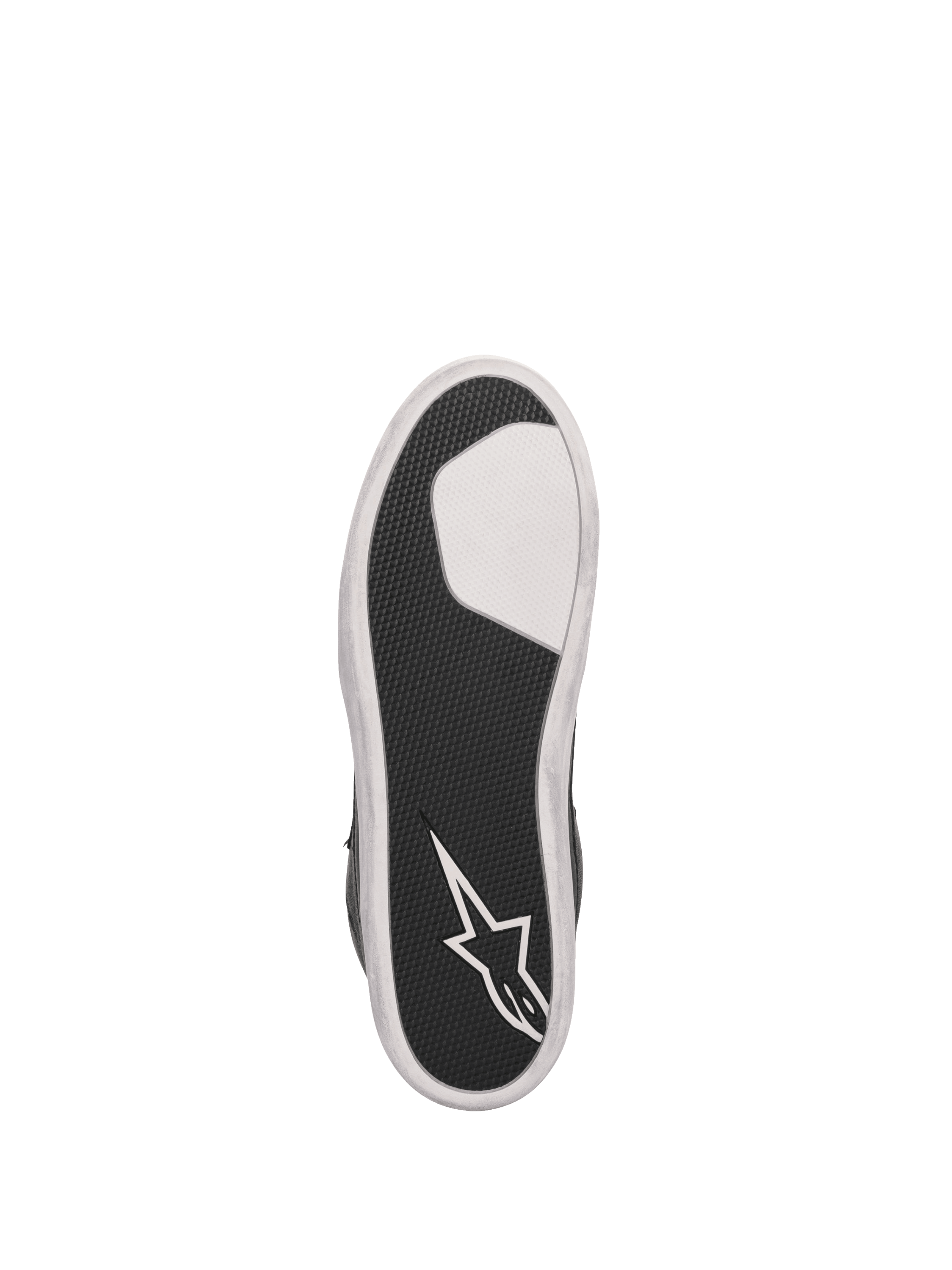 Alpinestars Scarpe J-6 Impermeabile Canvas, suola da moto nera e bianca in gomma vulcanizzata con logo a stella e grip.