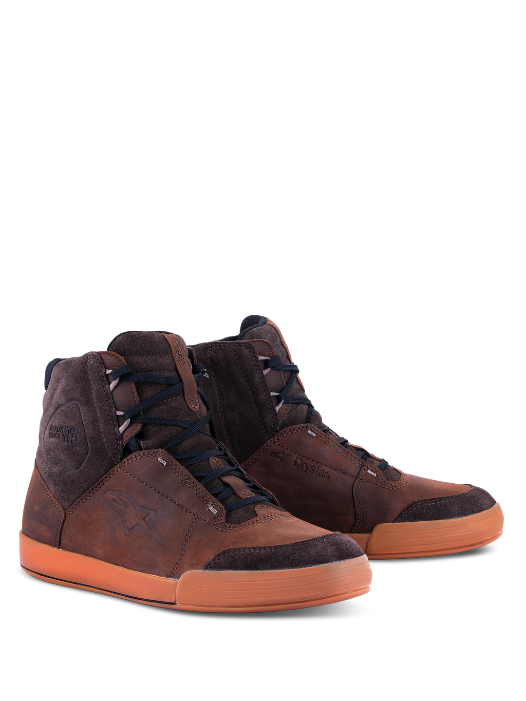 Alpinestars Chrome Crafted Drystar® Shoes, scarpe da moto urbane, marrone e gomma, struttura alta in pelle e scamosciato, lacci neri, suola in gomma, con logo goffrato e marchio Drystar, calzature da moto casual contemporanee
