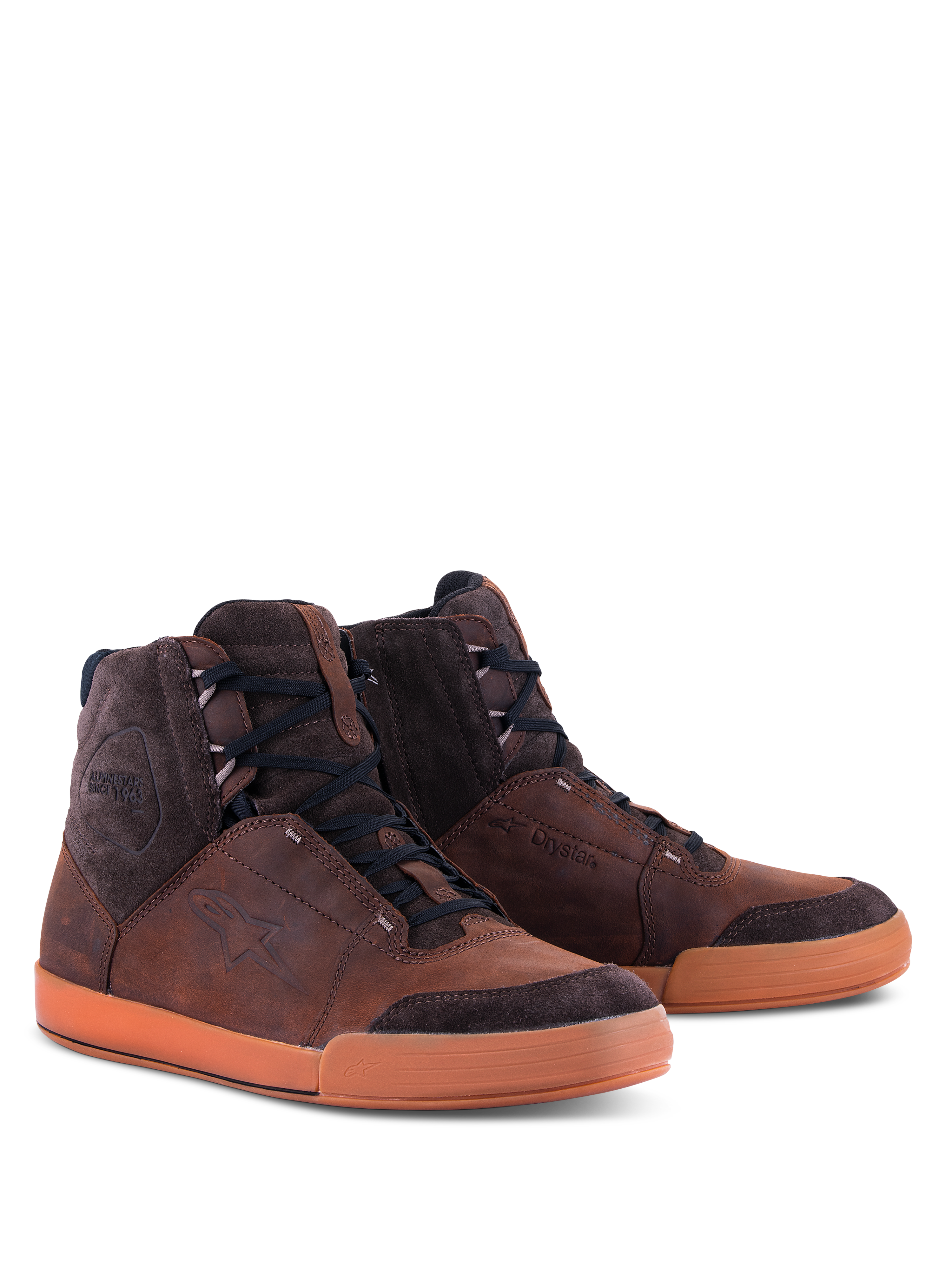 Alpinestars Chrome Crafted Drystar® Shoes, scarpe da moto urbane, marrone e gomma, struttura alta in pelle e scamosciato, lacci neri, suola in gomma, con logo goffrato e marchio Drystar, calzature da moto casual contemporanee