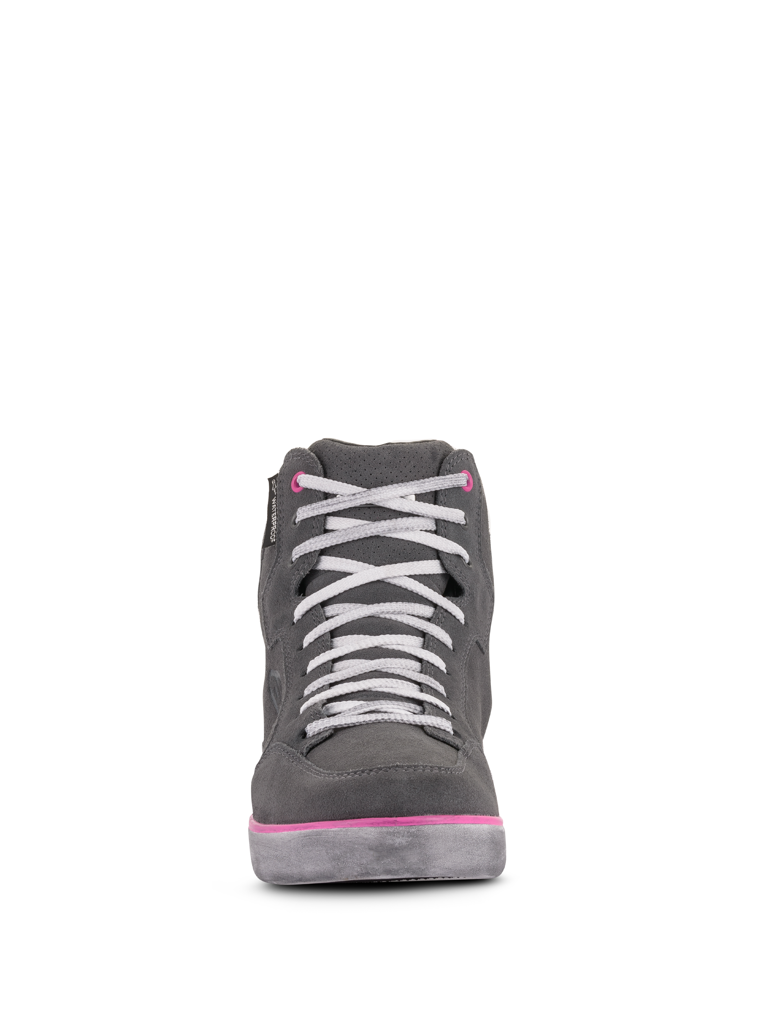 Scarpe Alpinestars Women's J-6 Waterproof, scarpe da moto, grigio chiaro e fucsia, vista frontale di sneaker high-top con lacci bianchi e accenti rosa, costruzione in pelle impermeabile e scamosciata