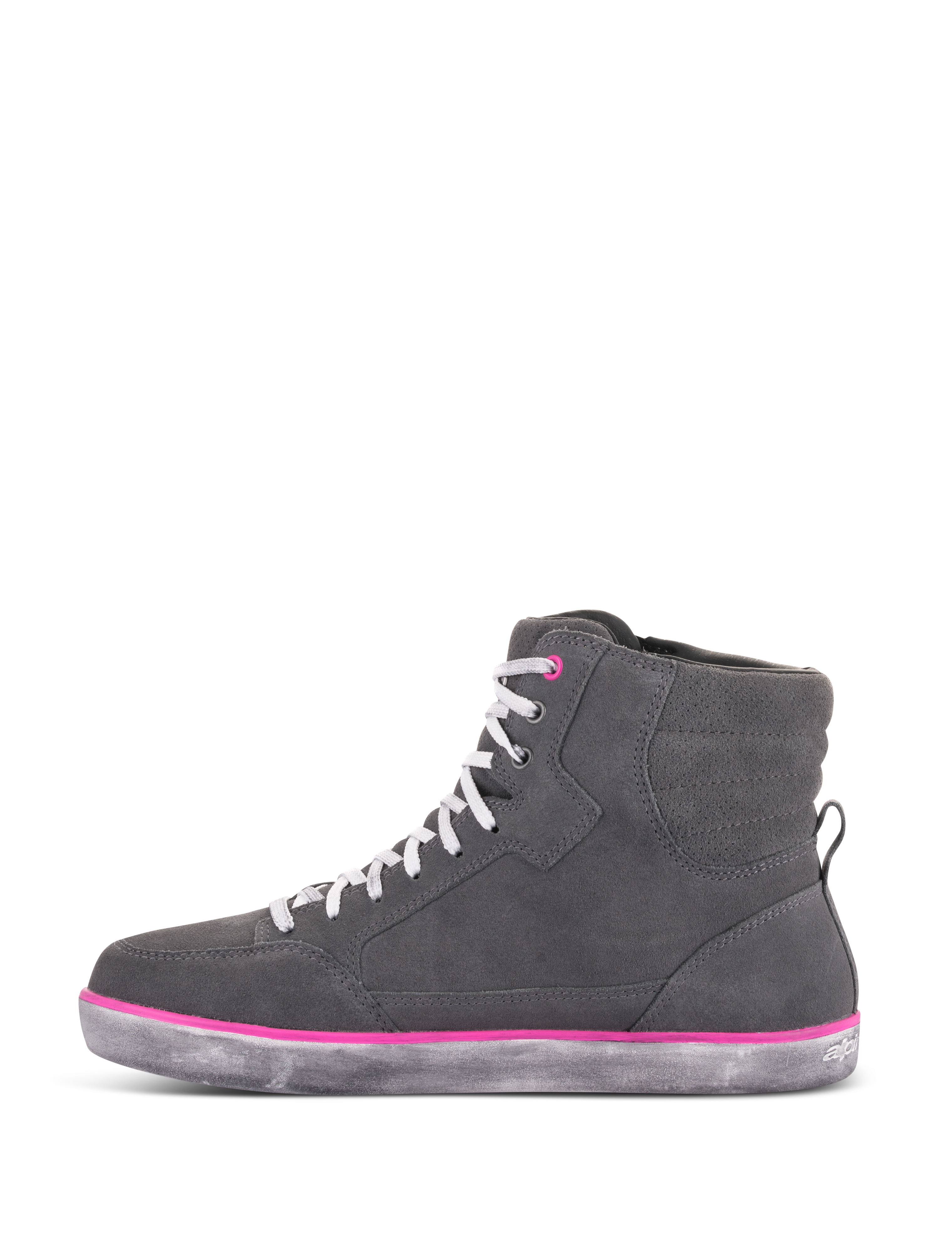Alpinestars Scarpe J-6 Waterproof Donna, scarpe da moto, grigio chiaro e fucsia, design sneaker alta con tomaia in scamosciato grigio, lacci bianchi, dettagli fucsia e suola in gomma grigia con effetto invecchiato