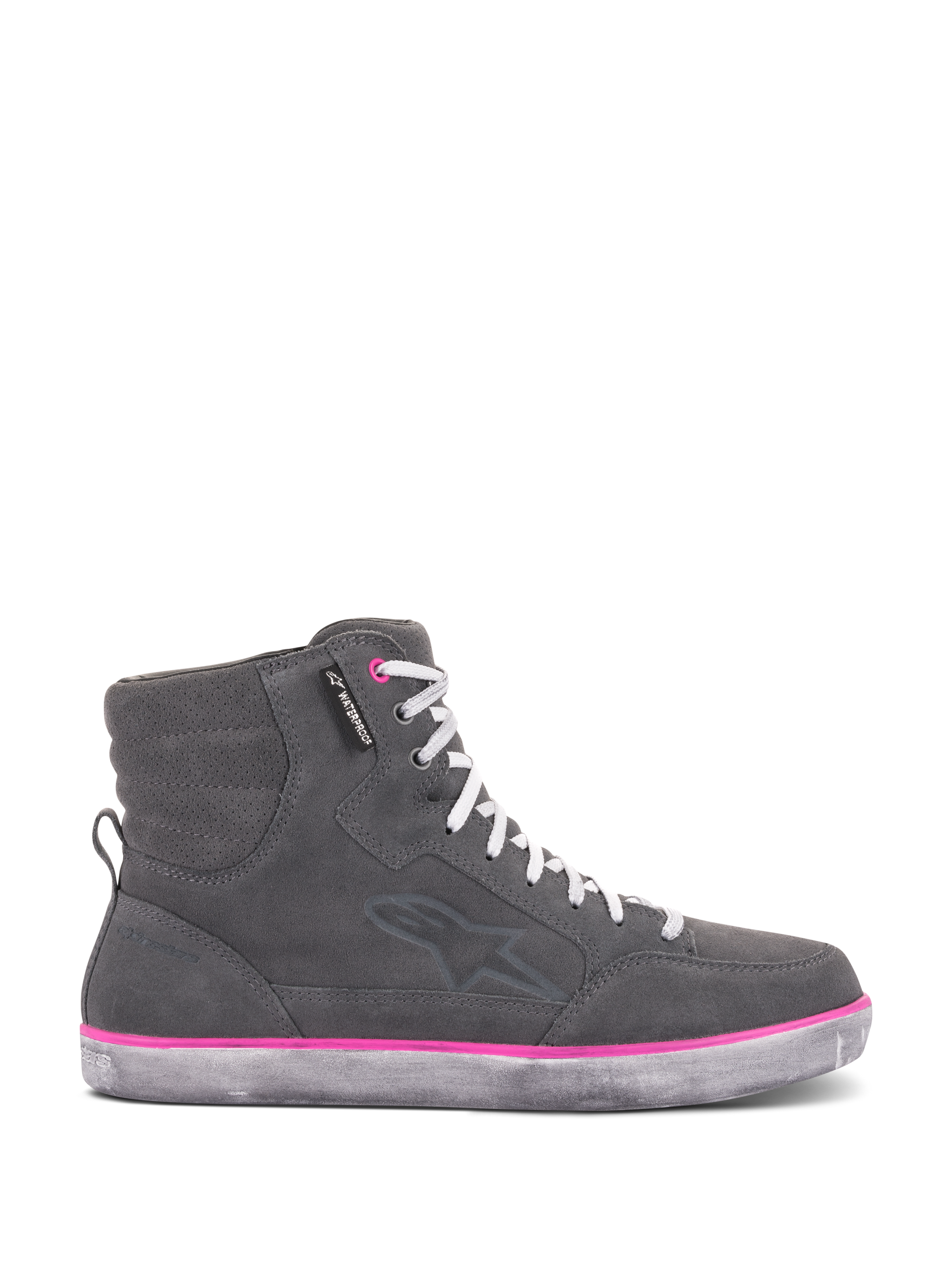 Alpinestars Scarpe J-6 Waterproof Donna, scarpe da moto, grigio e fucsia, design sneaker high-top con tomaia in scamosciato grigio, lacci bianchi e una vivace linea fucsia sopra la suola in gomma dall'effetto vissuto