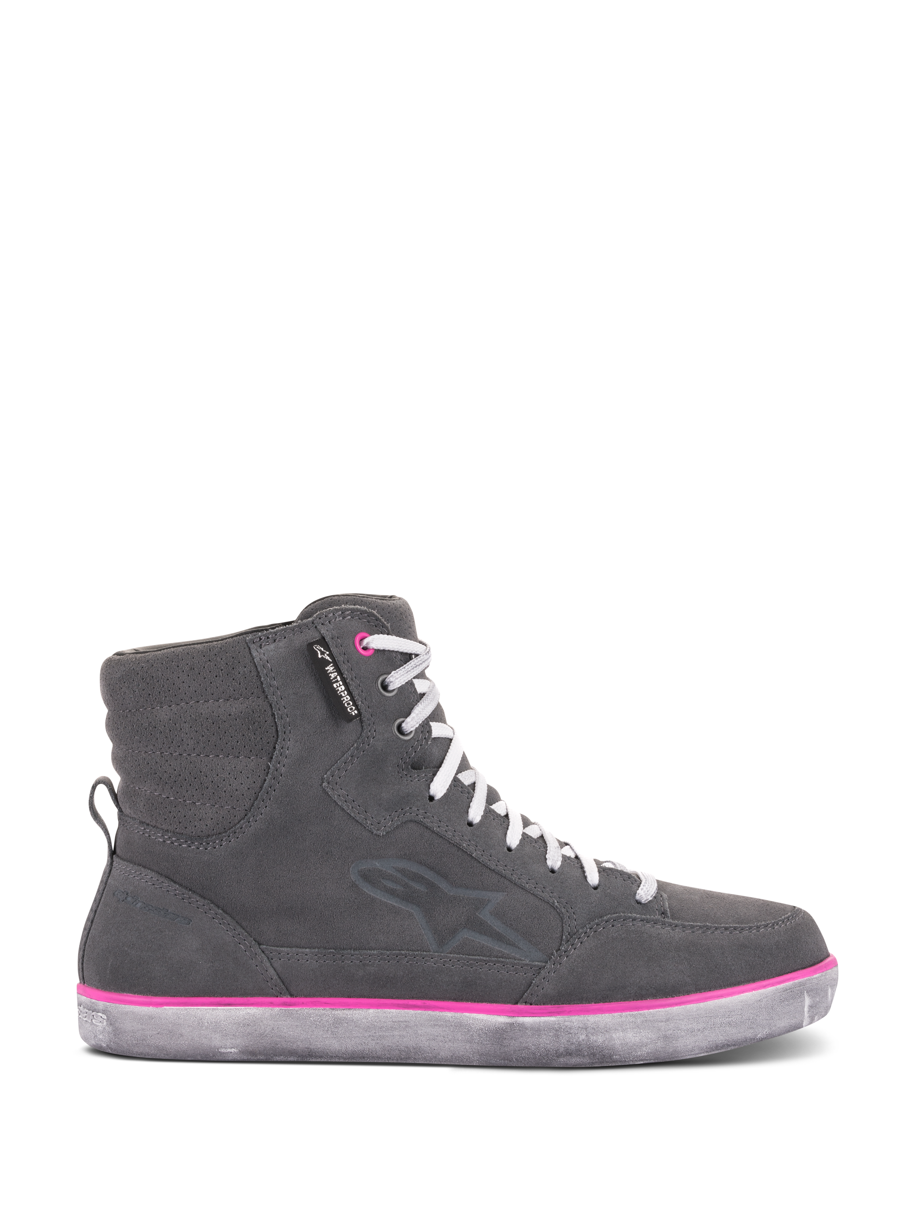 Alpinestars Scarpe J-6 Waterproof Donna, scarpe da moto, grigio e fucsia, design sneaker high-top con tomaia in scamosciato grigio, lacci bianchi e una vivace linea fucsia sopra la suola in gomma dall'effetto vissuto