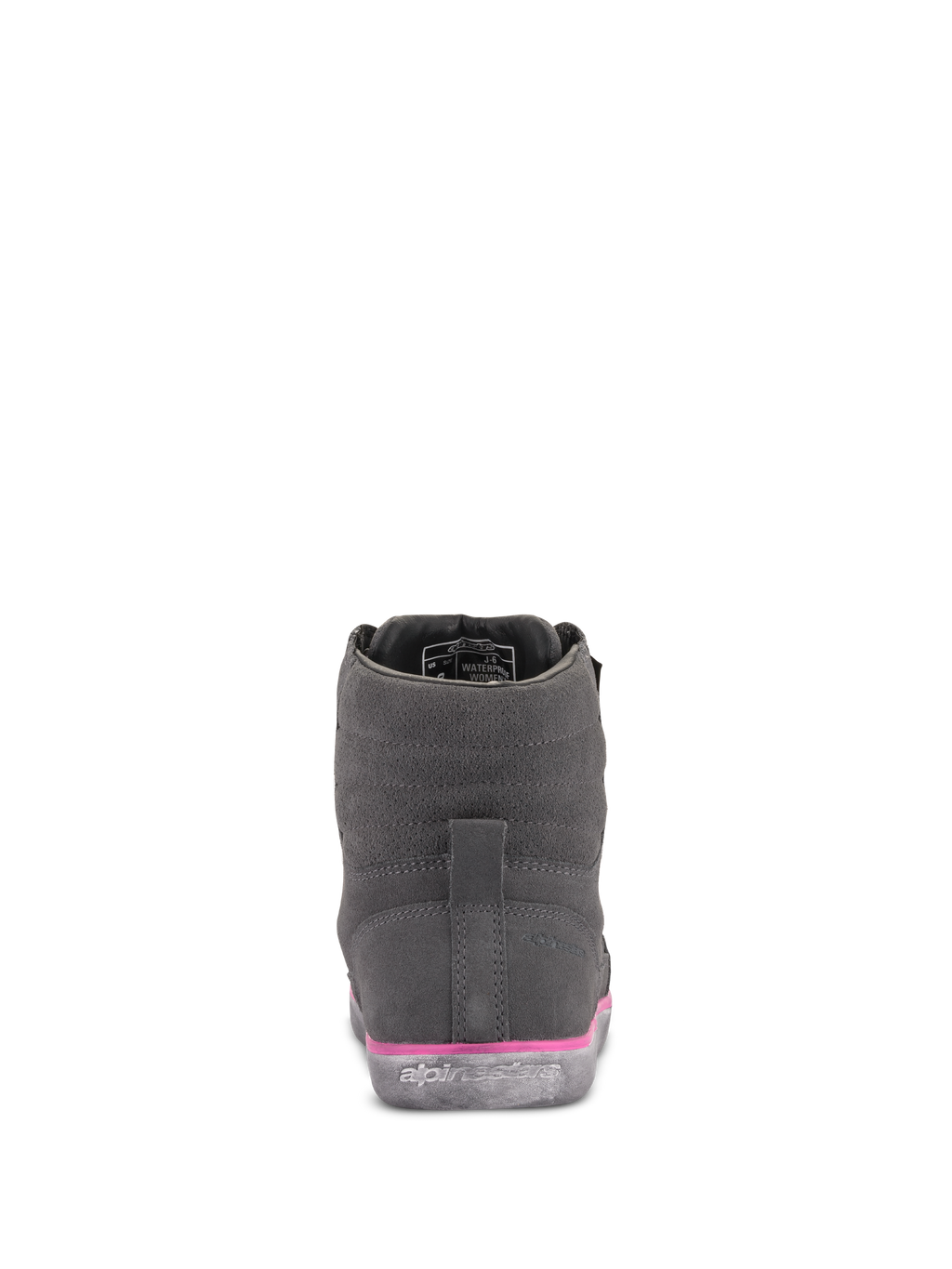 Scarpa J-6 Waterproof Donna Alpinestars, grigio e fucsia, vista posteriore, tomaia in pelle scamosciata con dettaglio rosa dell'intersuola e logo in rilievo sulla suola in gomma, calzature da moto urban