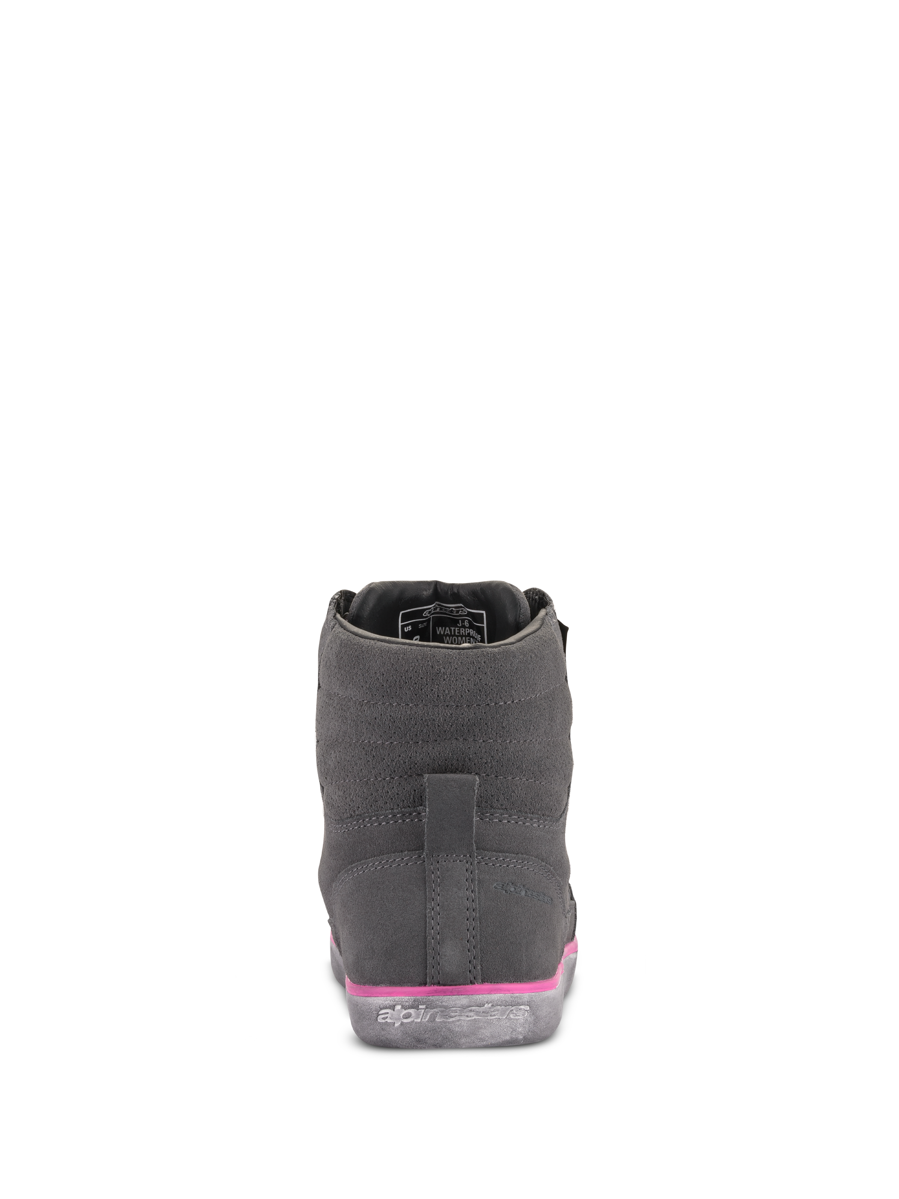 Scarpa J-6 Waterproof Donna Alpinestars, grigio e fucsia, vista posteriore, tomaia in pelle scamosciata con dettaglio rosa dell'intersuola e logo in rilievo sulla suola in gomma, calzature da moto urban