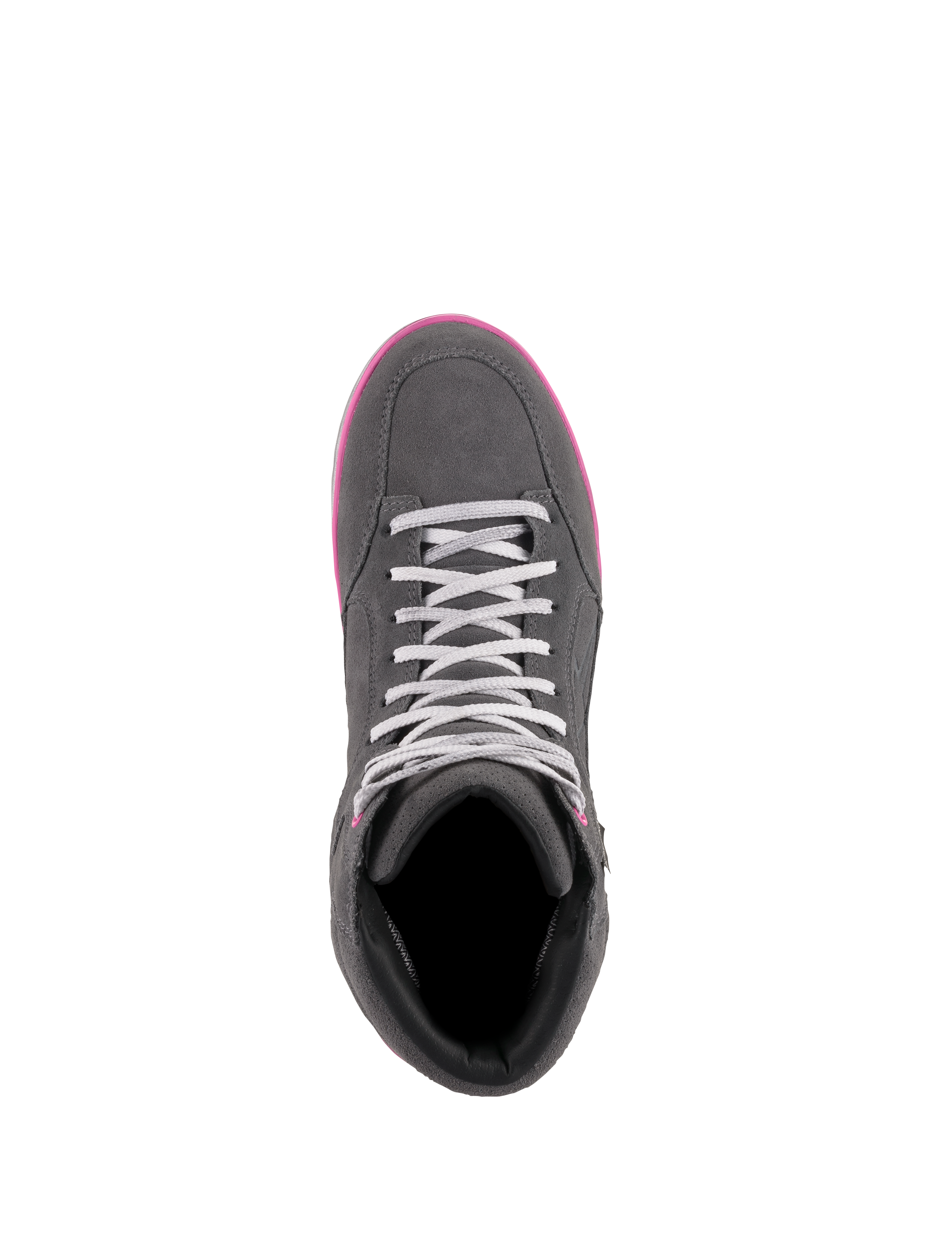Scarpe Alpinestars J-6 Waterproof Donna, scarpe da moto, grigio e fucsia, vista dall'alto che mostra la costruzione in pelle e scamosciato, lacci grigio chiaro e bordo della suola fucsia acceso.