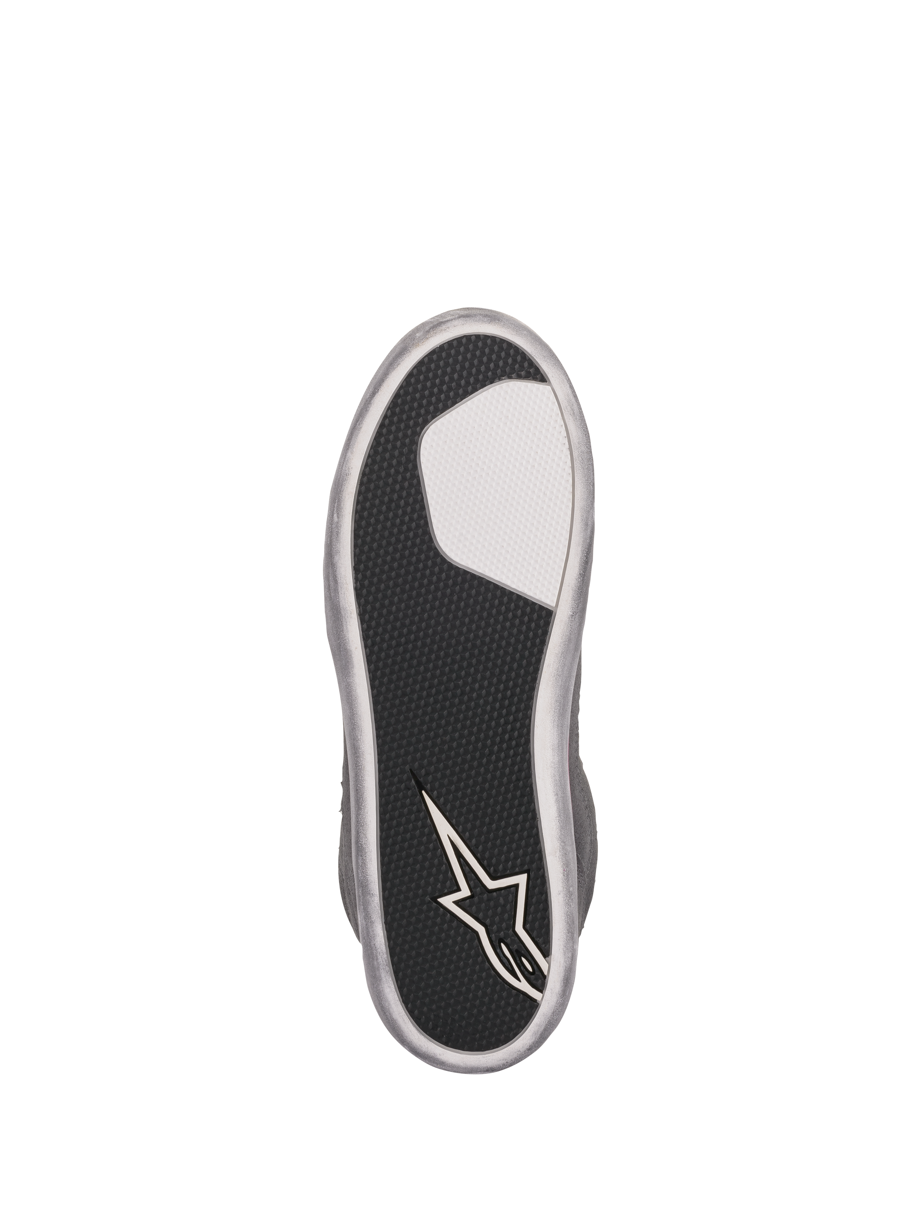 Scarpe Alpinestars J-6 Waterproof Donna, vista della suola, suola in gomma nera testurizzata con inserto bianco e logo a stella Alpinestars sul tallone, perimetro grigio argento, design con grip resistente