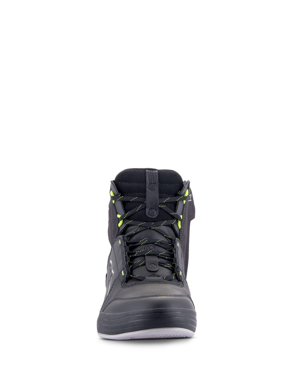 Scarpe Alpinestars Chrome Drystar®, scarpe da moto urban, nero grigio scuro giallo fluo, vista frontale con lacci dai dettagli gialli, costruzione alta in pelle e scamosciato, design streetwear casual impermeabile